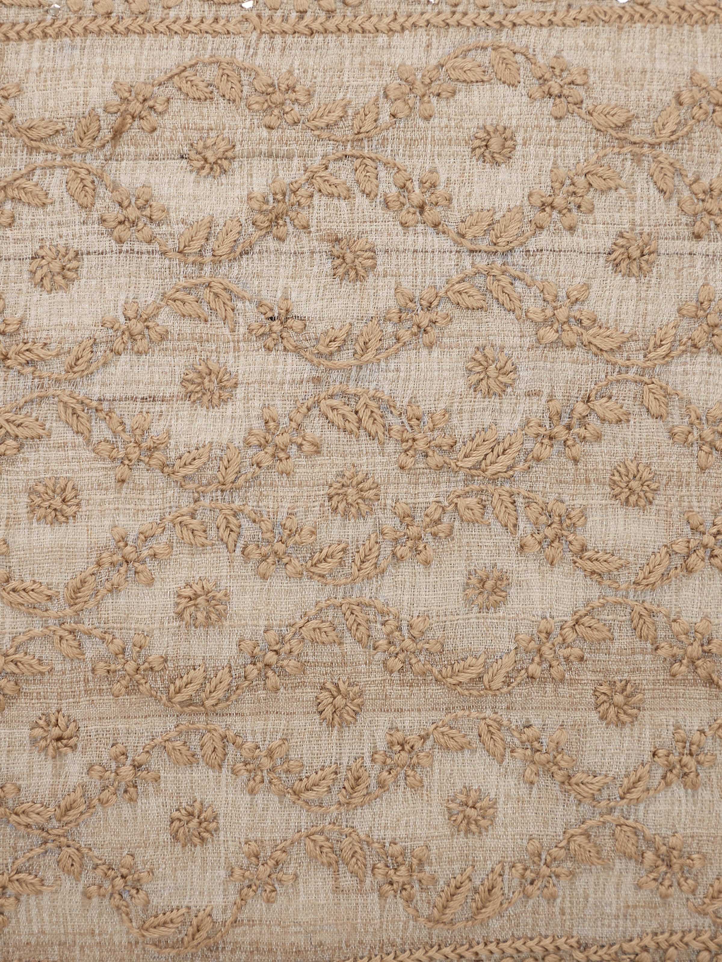 Detail shot of delicate Chikankari stitches and ogee design close-up.