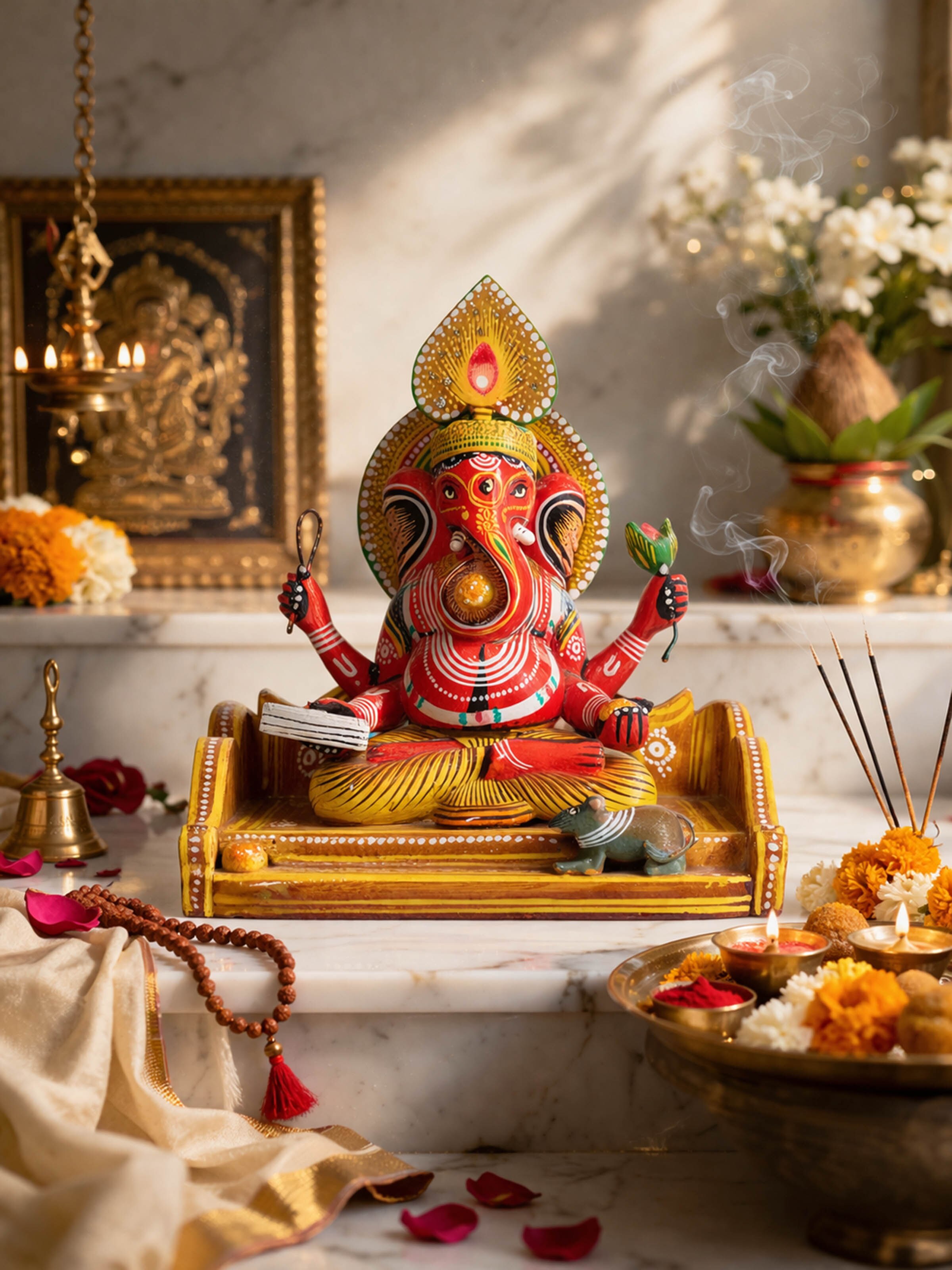 Wooden Red Ganesha Idol