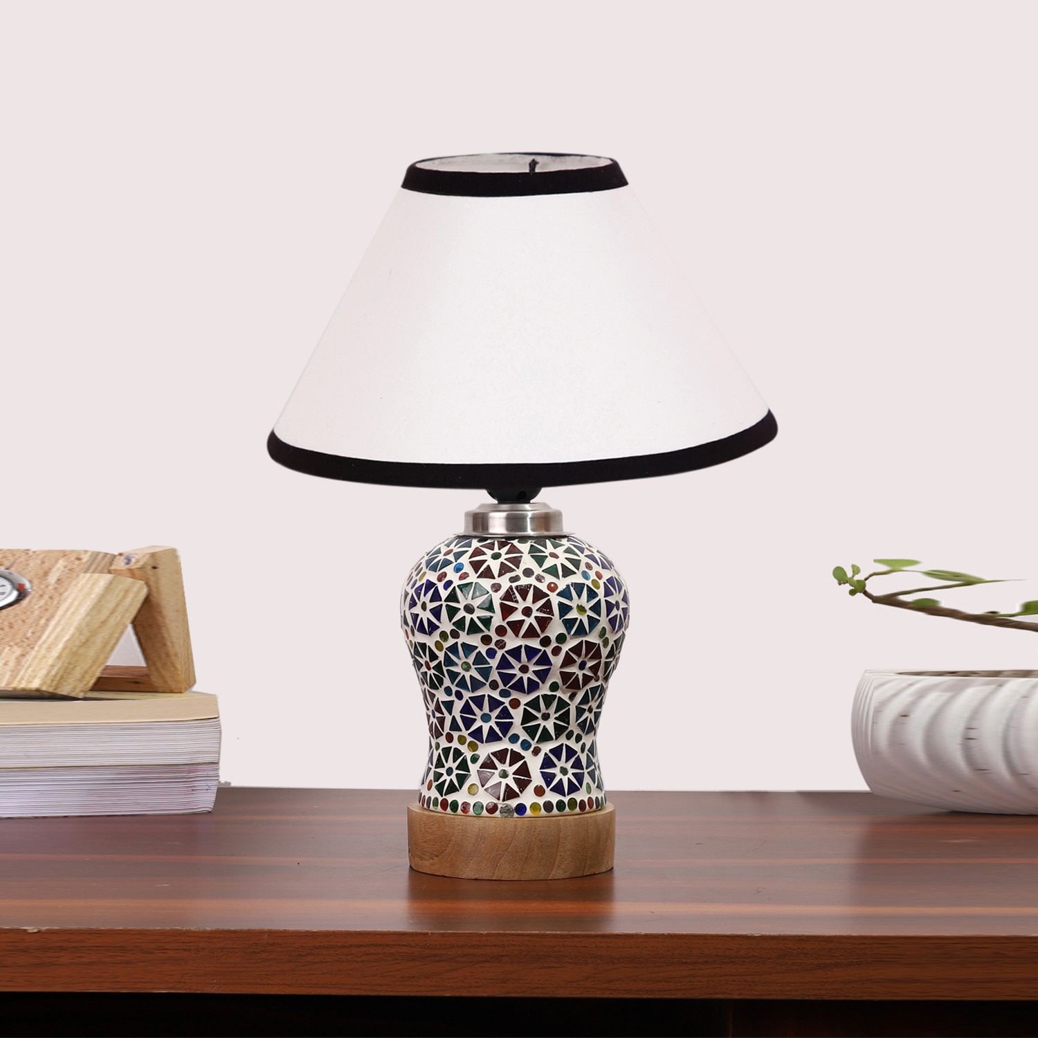 Devansh Conical White & Black  Cotton Shade Lamp With Wood & Mosaic Glass Base For Decoration/Office/Home/Gifting/Study For Decoration/Office/Home/Gifting/Study -(10X10X14.5) Inches -A - Devansh