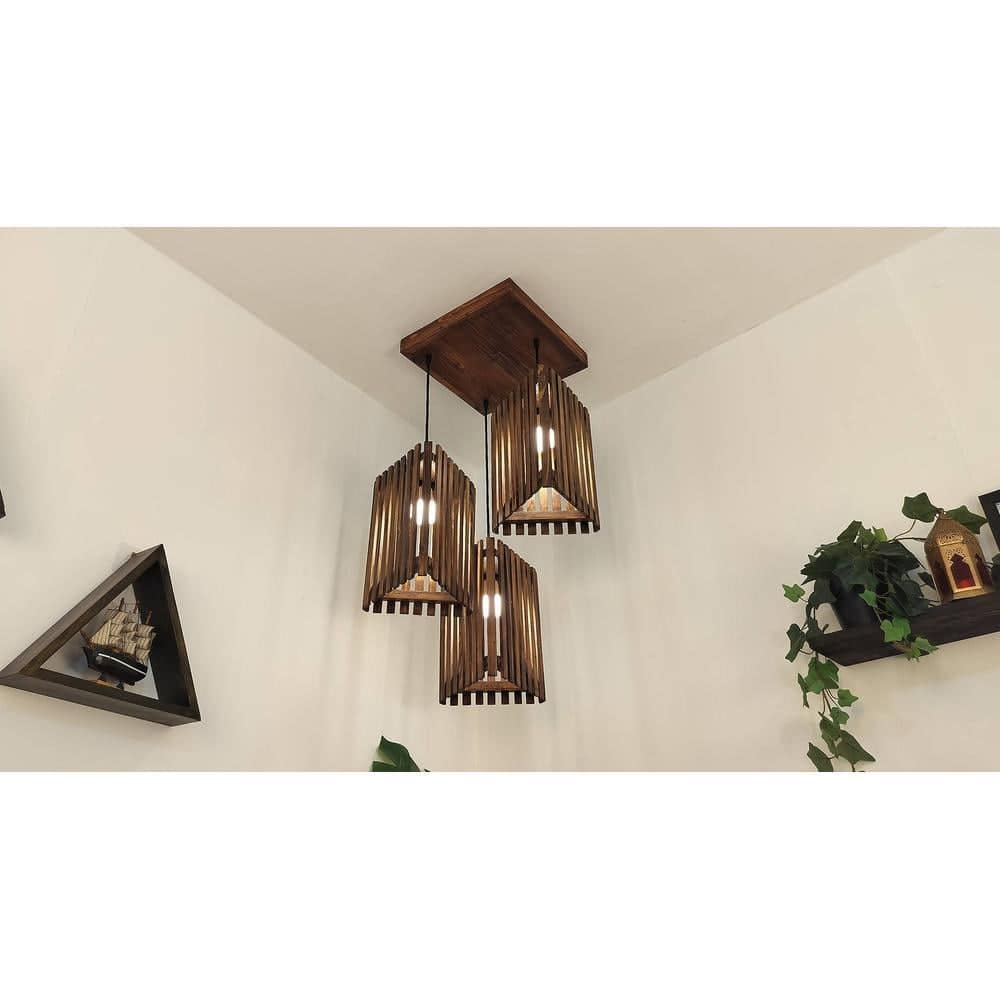 Trikona Brown Solid Wood Cluster Hanging Light