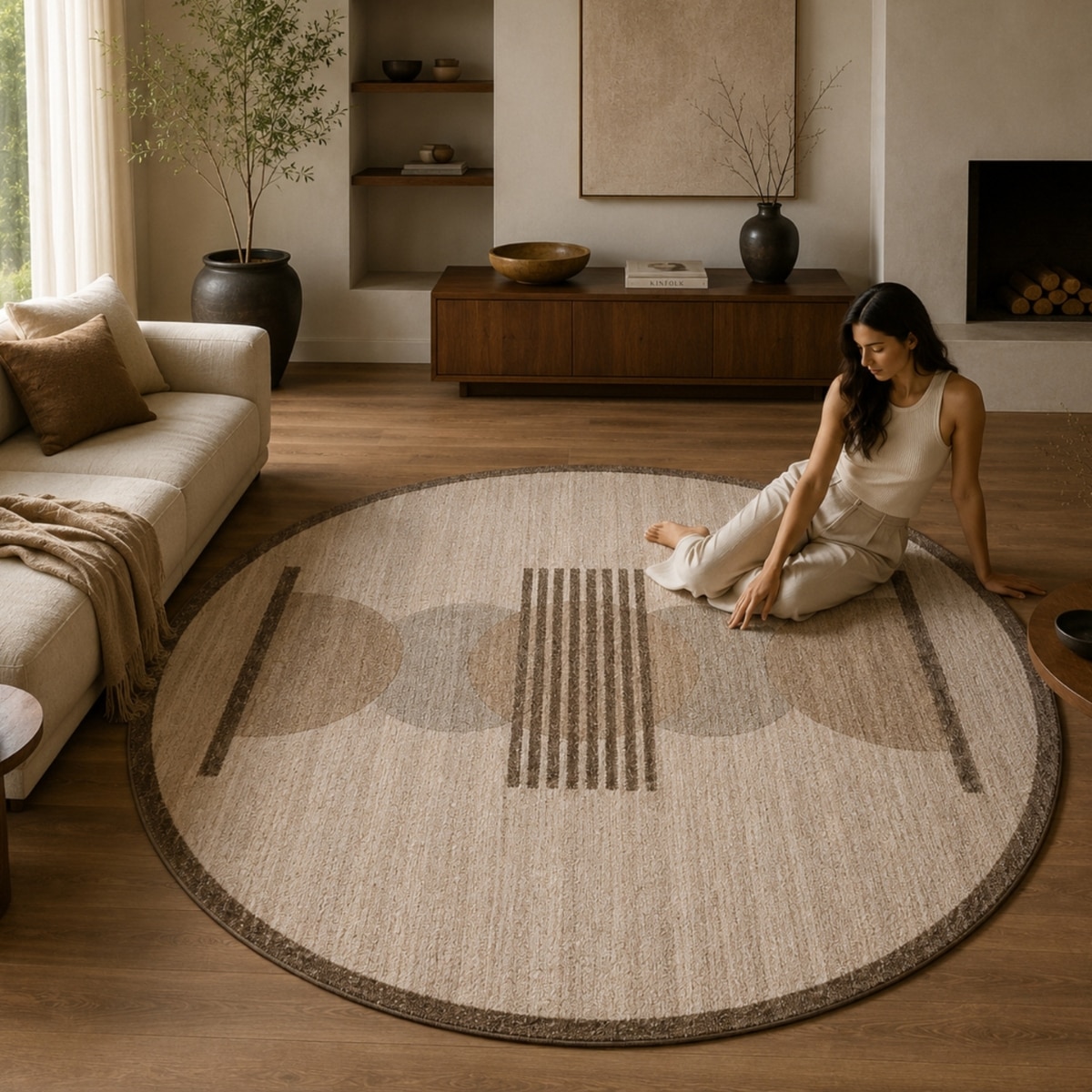 Handmade Round Wool Rug Modern Minimalist Beige 8 Feet Carpet - NEU LOOMS