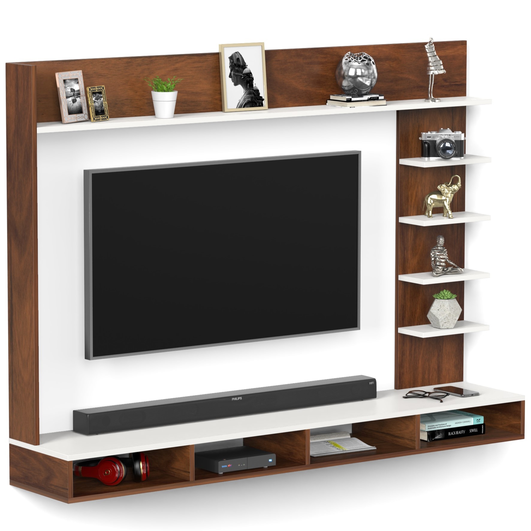 BLUEWUD Primax Grande Large Engineering Wood Wall Mount TV Entertainment Unit Set Top Box Stand/TV Cabinet Panel with Shelves for Books & D�cor Display Unit, Ideal for 50� (Brown Maple & White)