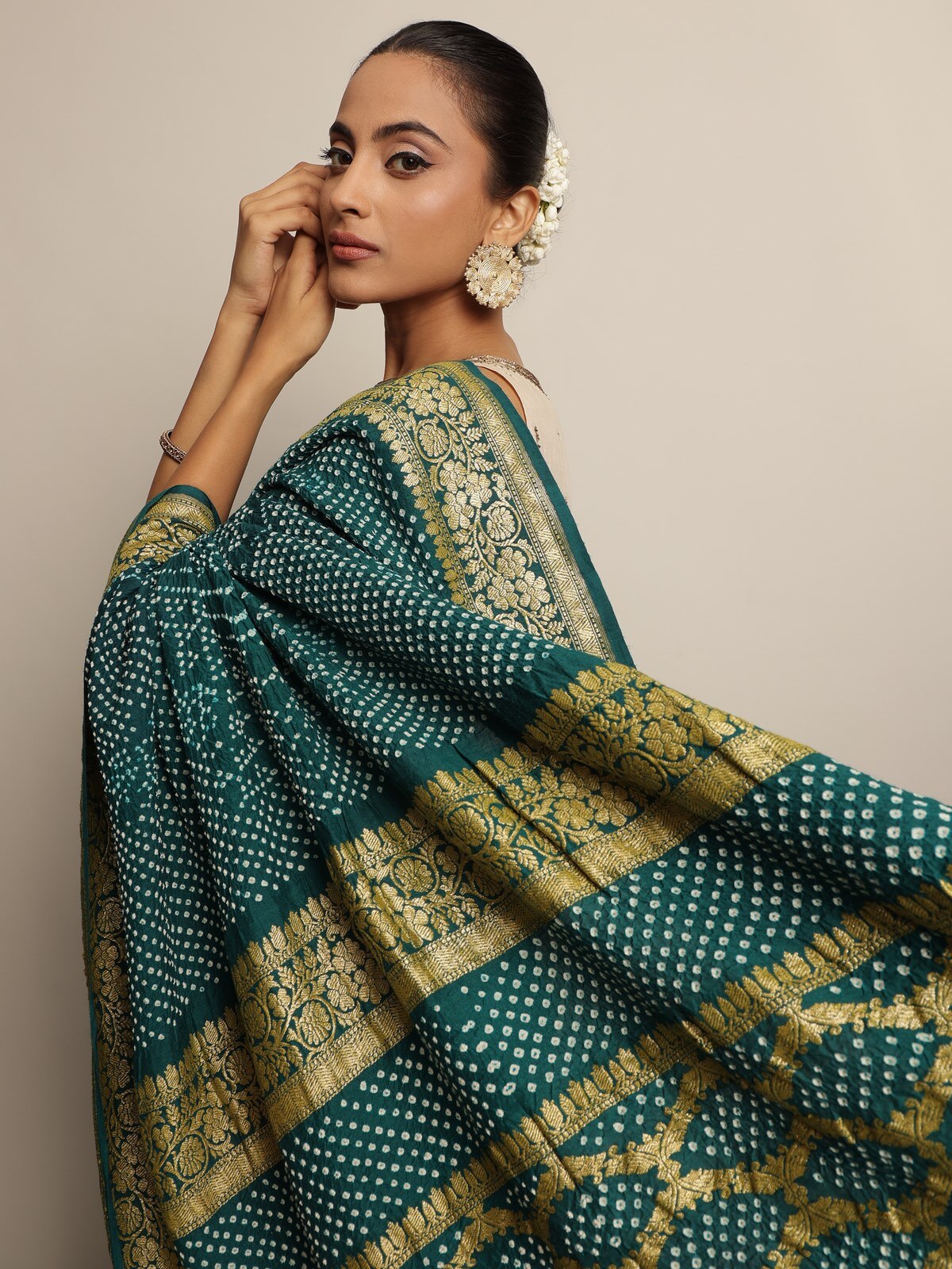 Dark Turquoise Silk Bandhani Saree