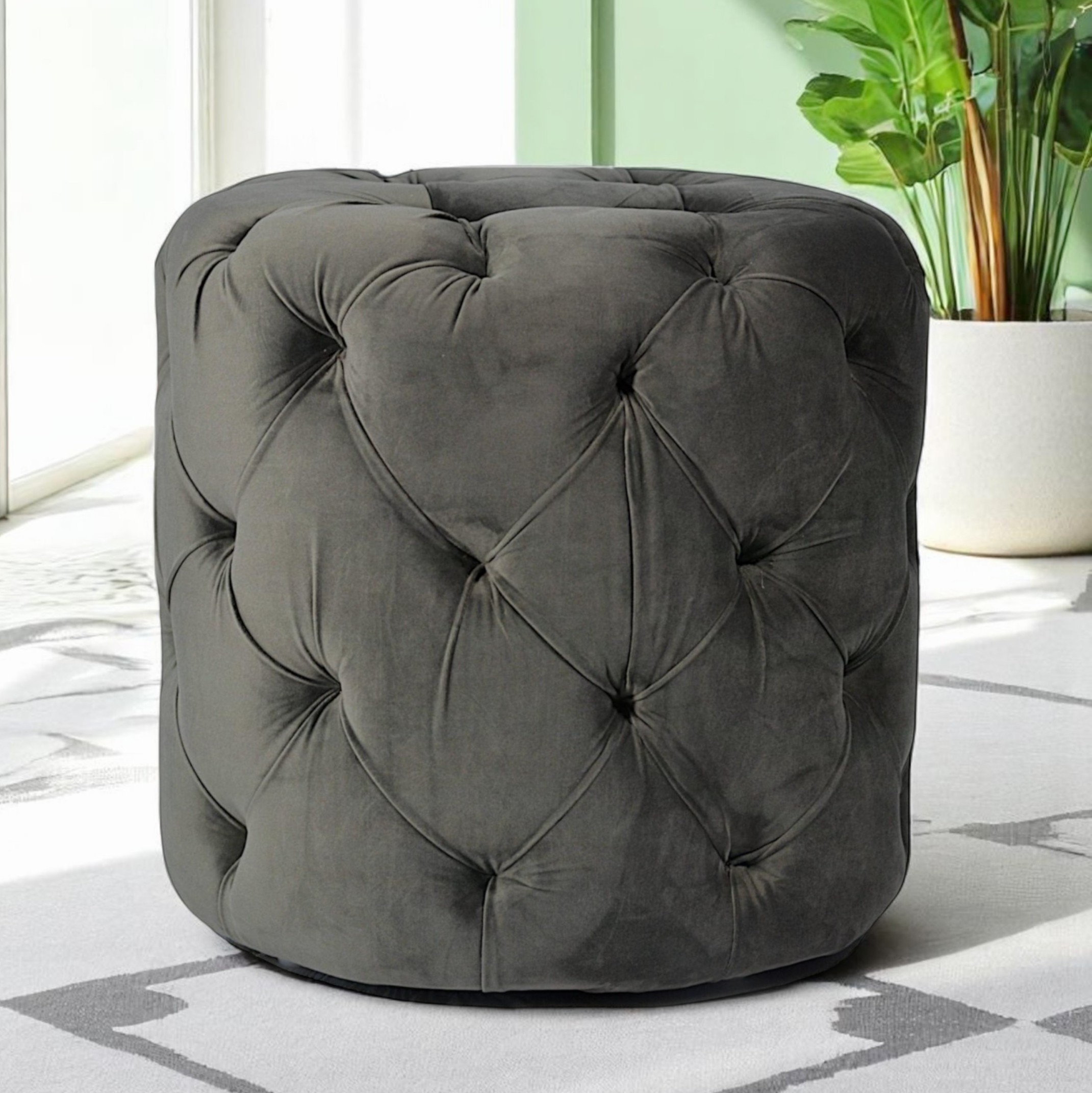 Dallas Tufted Round Solid Wood Pouffee in Grey Velvet Fabric