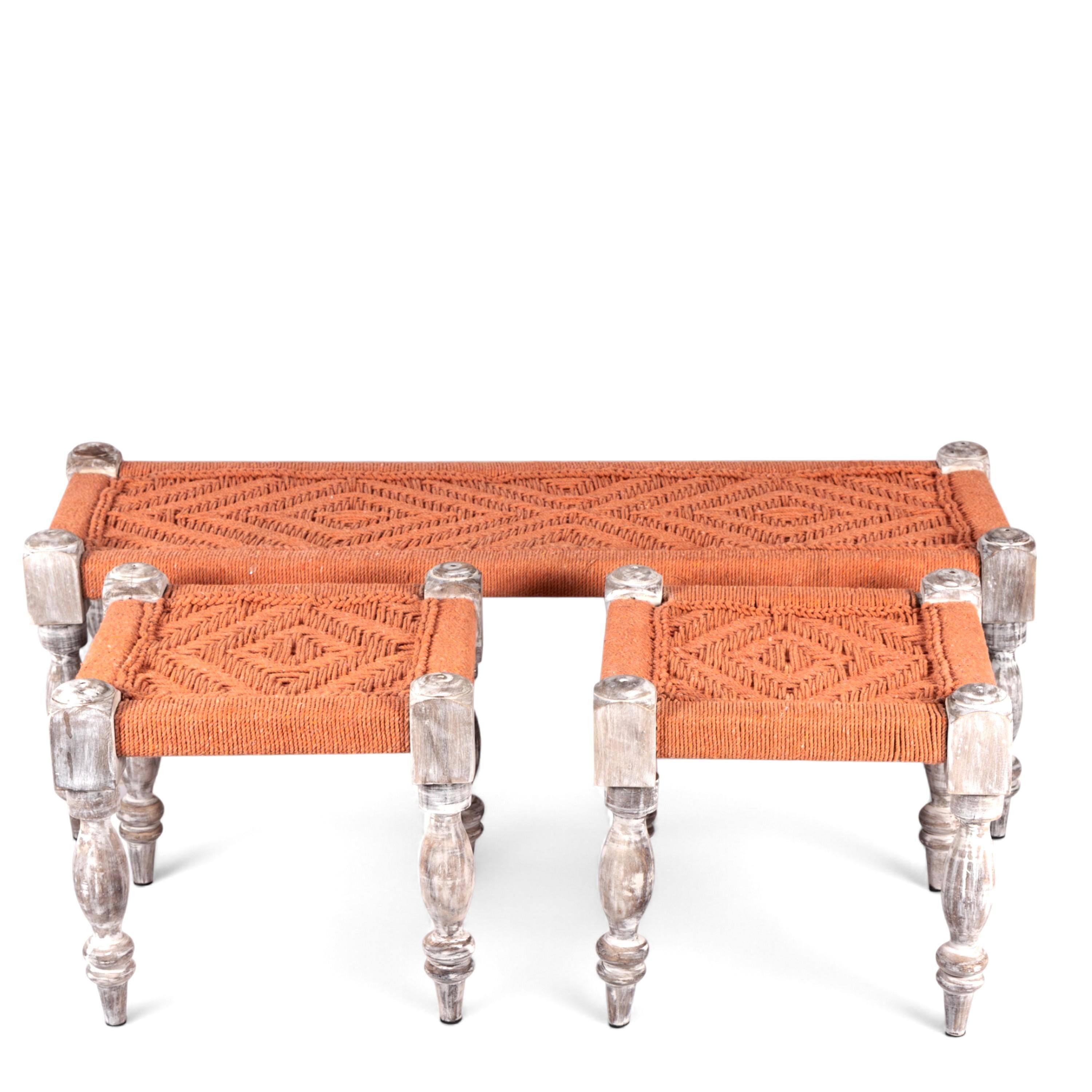 Hamilton Sheesham Wood Vintage 3+1+1 Seater Maachi Bench Set With 2 Stools In Orange Rope Canning