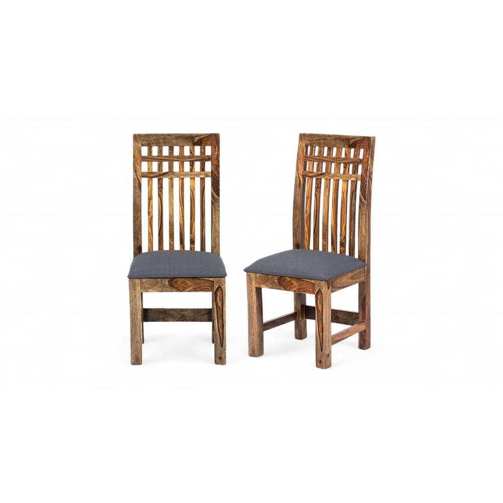 Columbus wood Set of 2 Dining Chairs in Anchor Grey Fabric Cushioning with TEAK FINISH