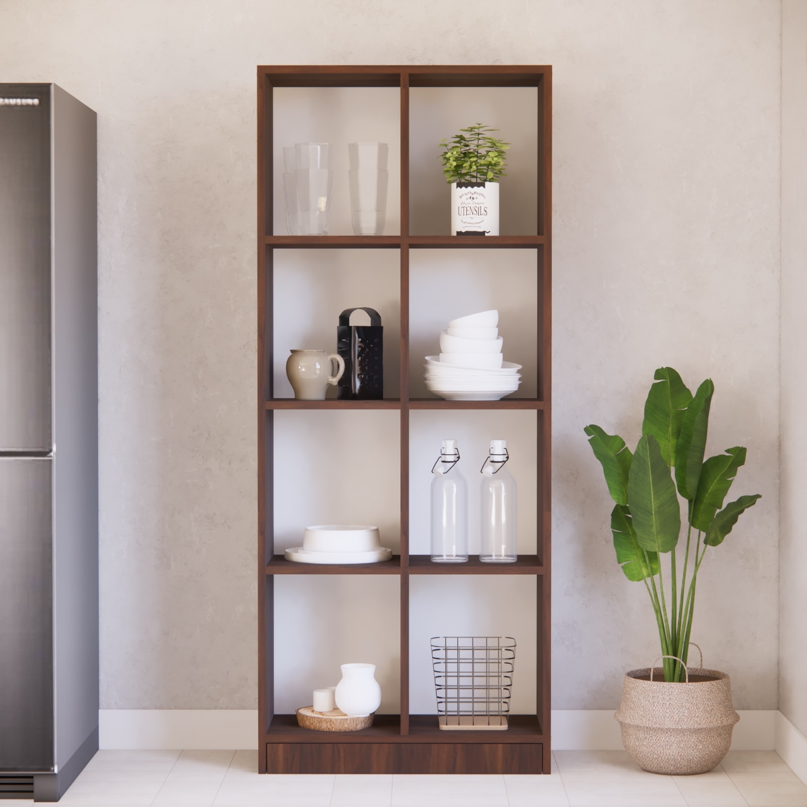 8 Shelves Open Multipurpose Matrix Kitchen Cabinet In Asian Walnut Finish - Speciality Panels