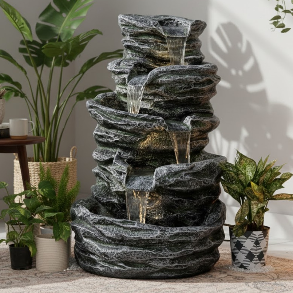 Dark Grey 5 Tier Rock Water Fountain Home and Garden