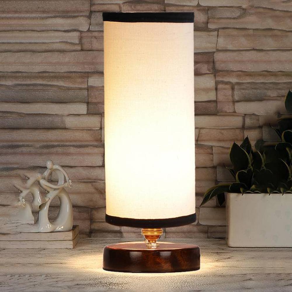 Sienna white & black cotton table lamp with brown wood base