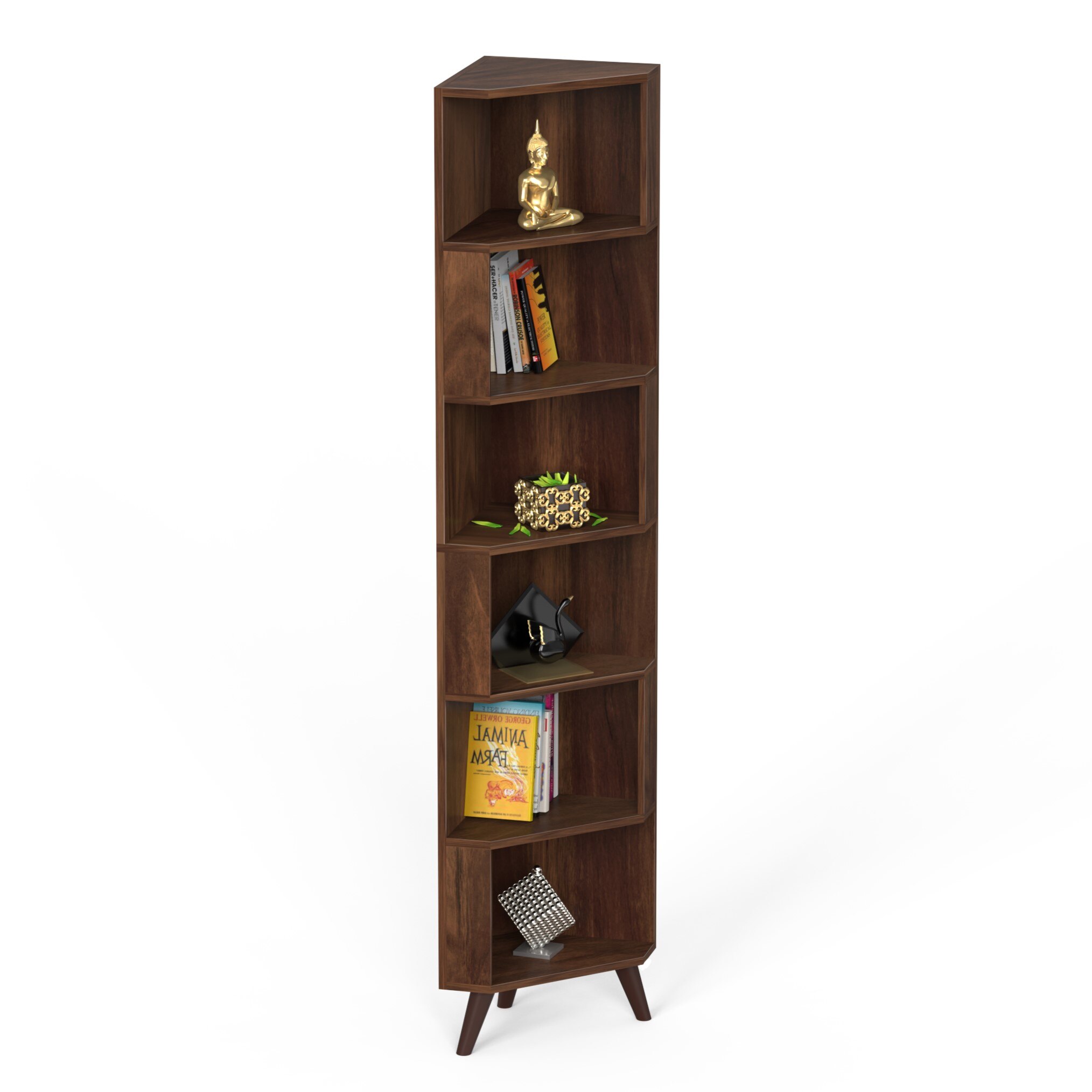 BLUEWUD Veluno Corner Shelf Bookshelf Cabinet Book Rack Organizer with Shelves for Storage D�cor Display Cabinet Floor Standing for Living Room Home Library (Brown Maple)