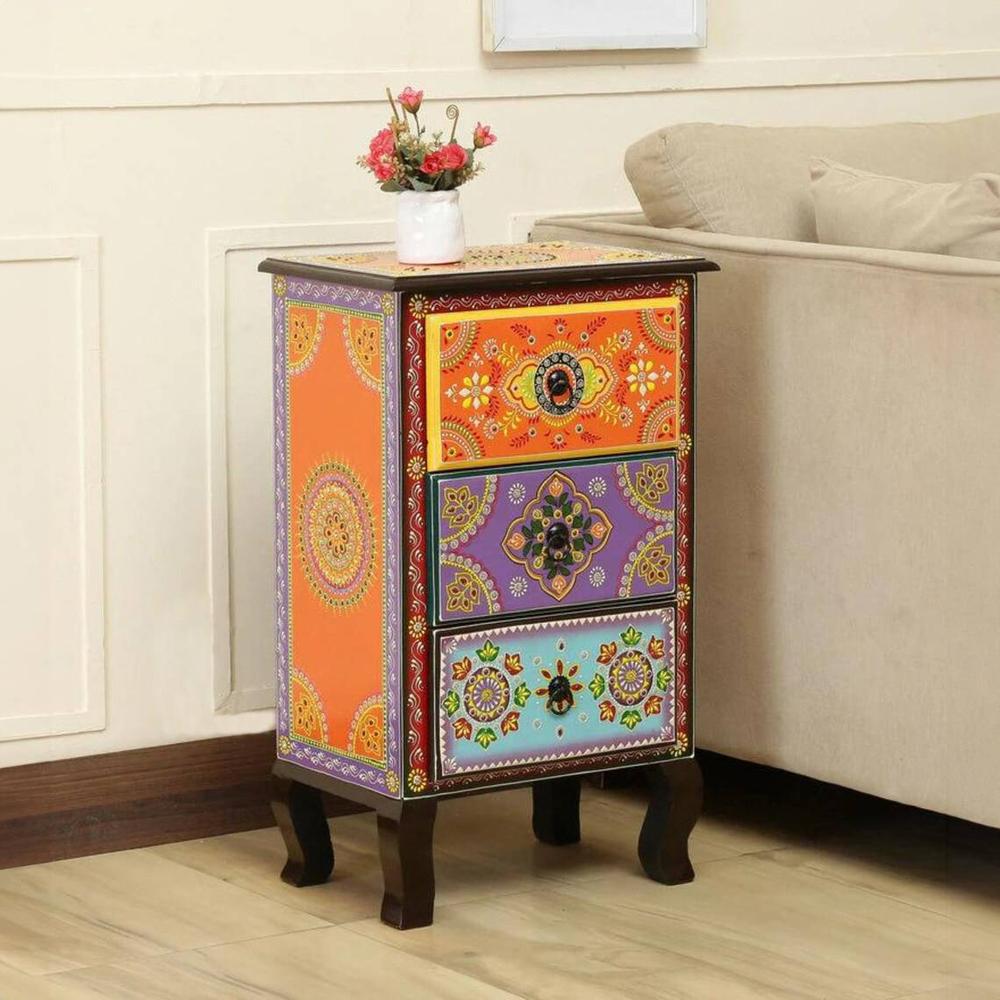 Aria Solid Wood Hand painted End Table In Multicolour