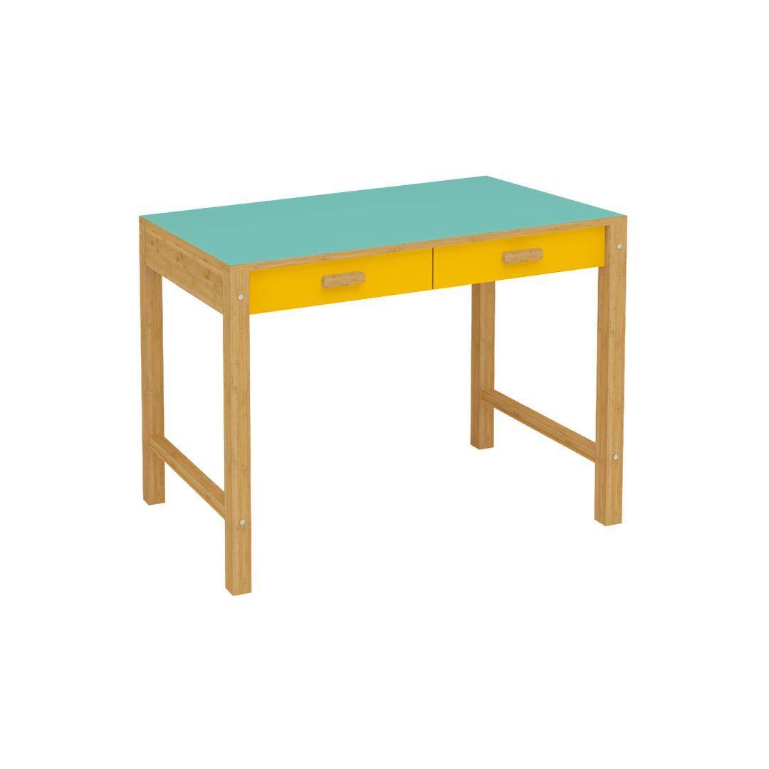 Exotica Kids Solid Wood Study Desk with Drawers and Wooden Handles in Misty Turquoise Mango Yellow Colour