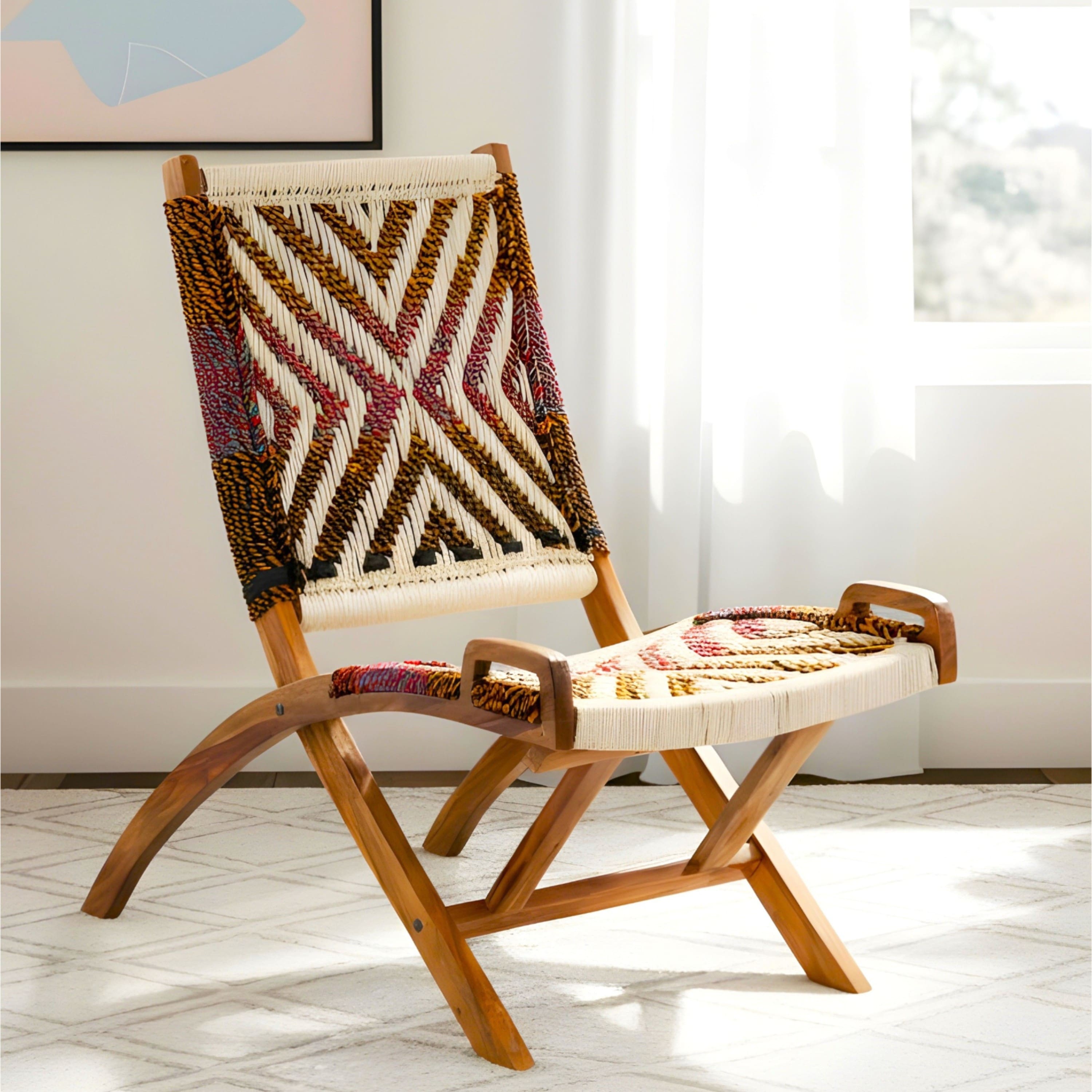 NatWest Sheesham Wood Vintage Balcony Chair in Multi Colour Chindi and White Rope Canning
