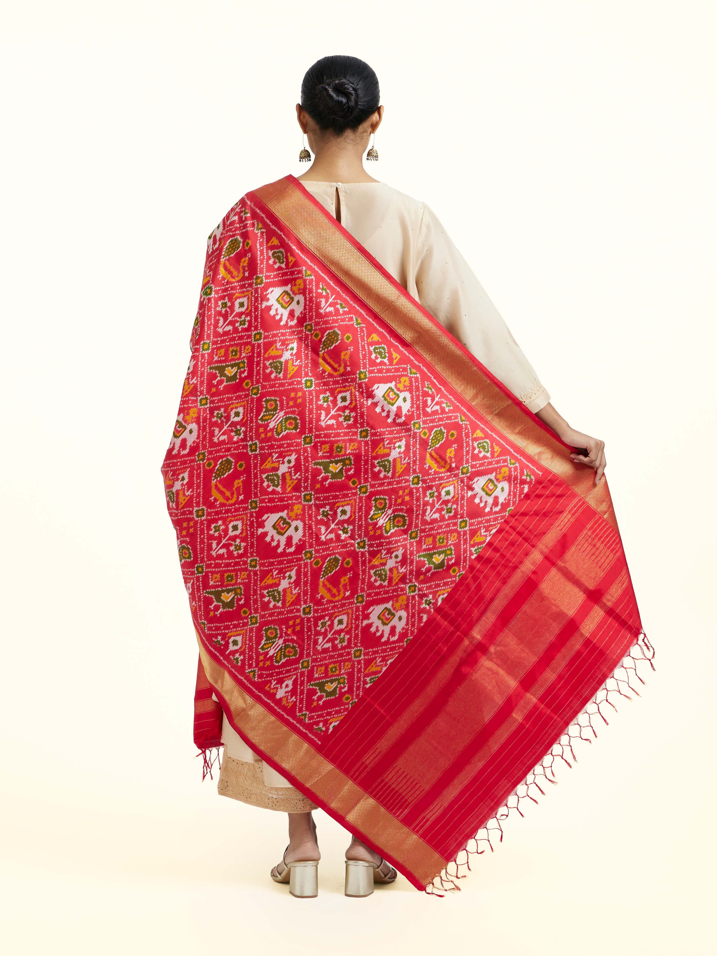 Red Silk Pochampally Weft Ikat Dupatta