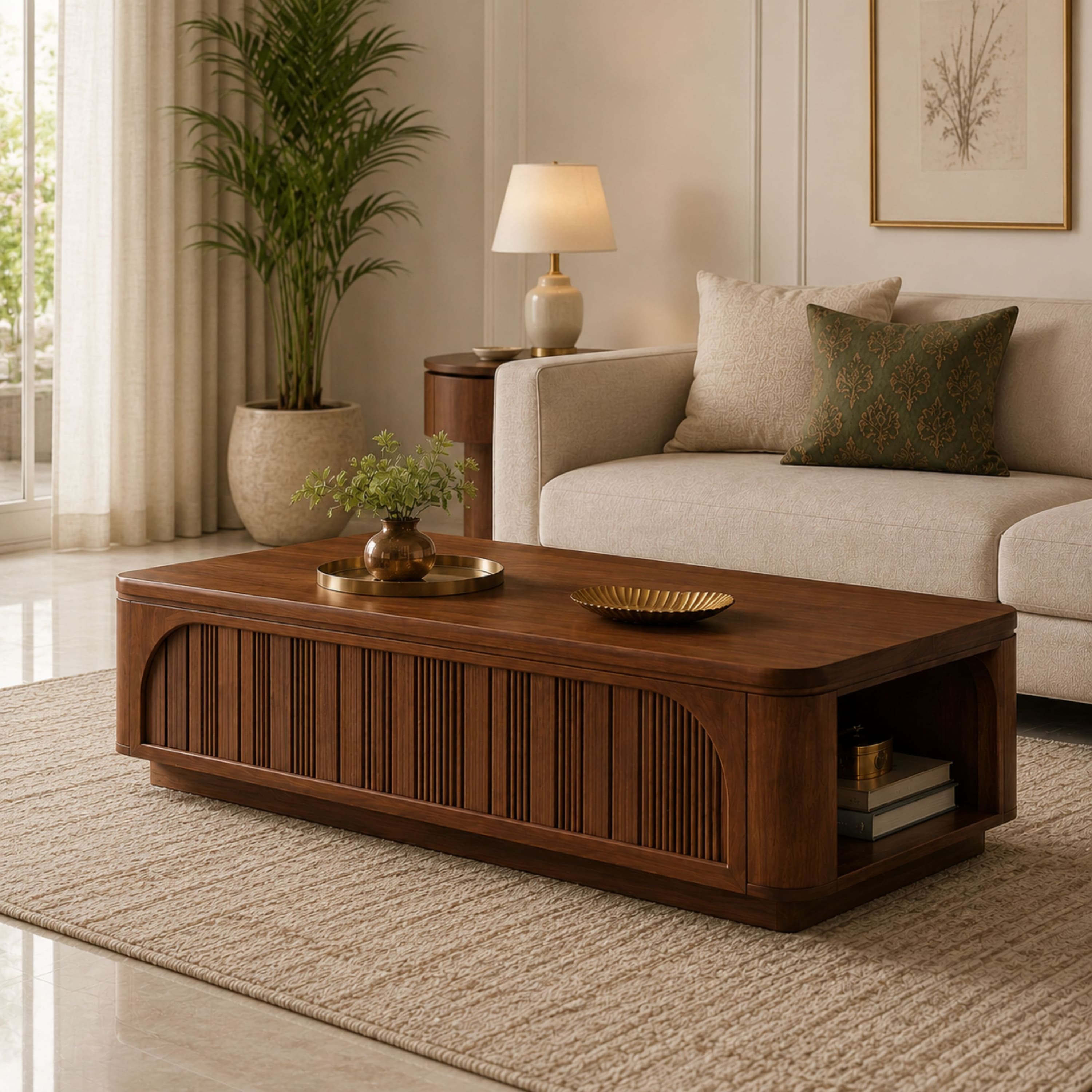 Prescott Sheesham Wood Fluted Panel Coffee Table in Walnut Finish - Globally Indian