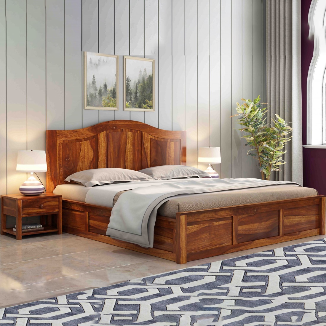 Sniu Solid Wood King  Size Bed Without Storage (Teak Finish)
