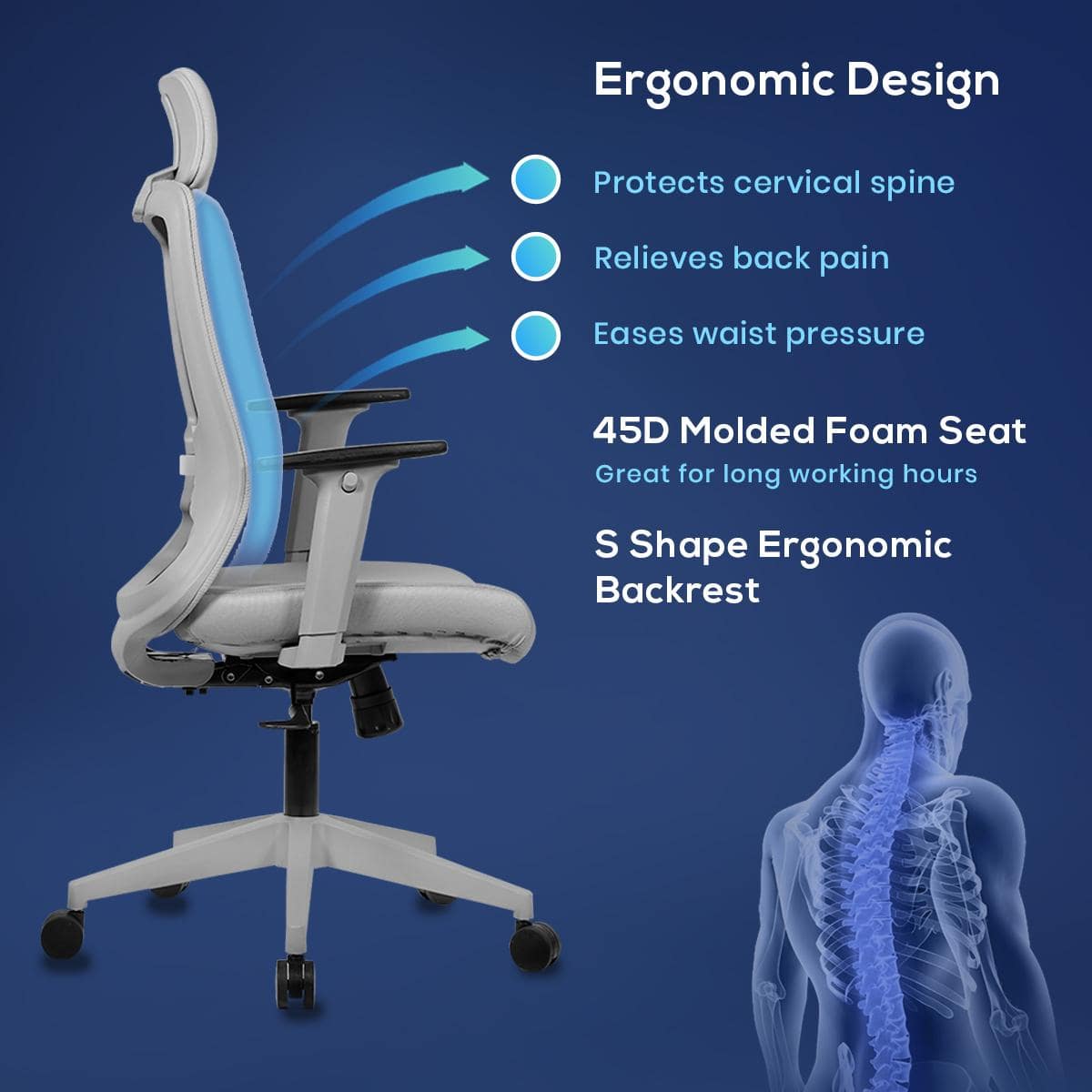 Eterna High Back Mesh Office Chair with Headrest in Grey Colour