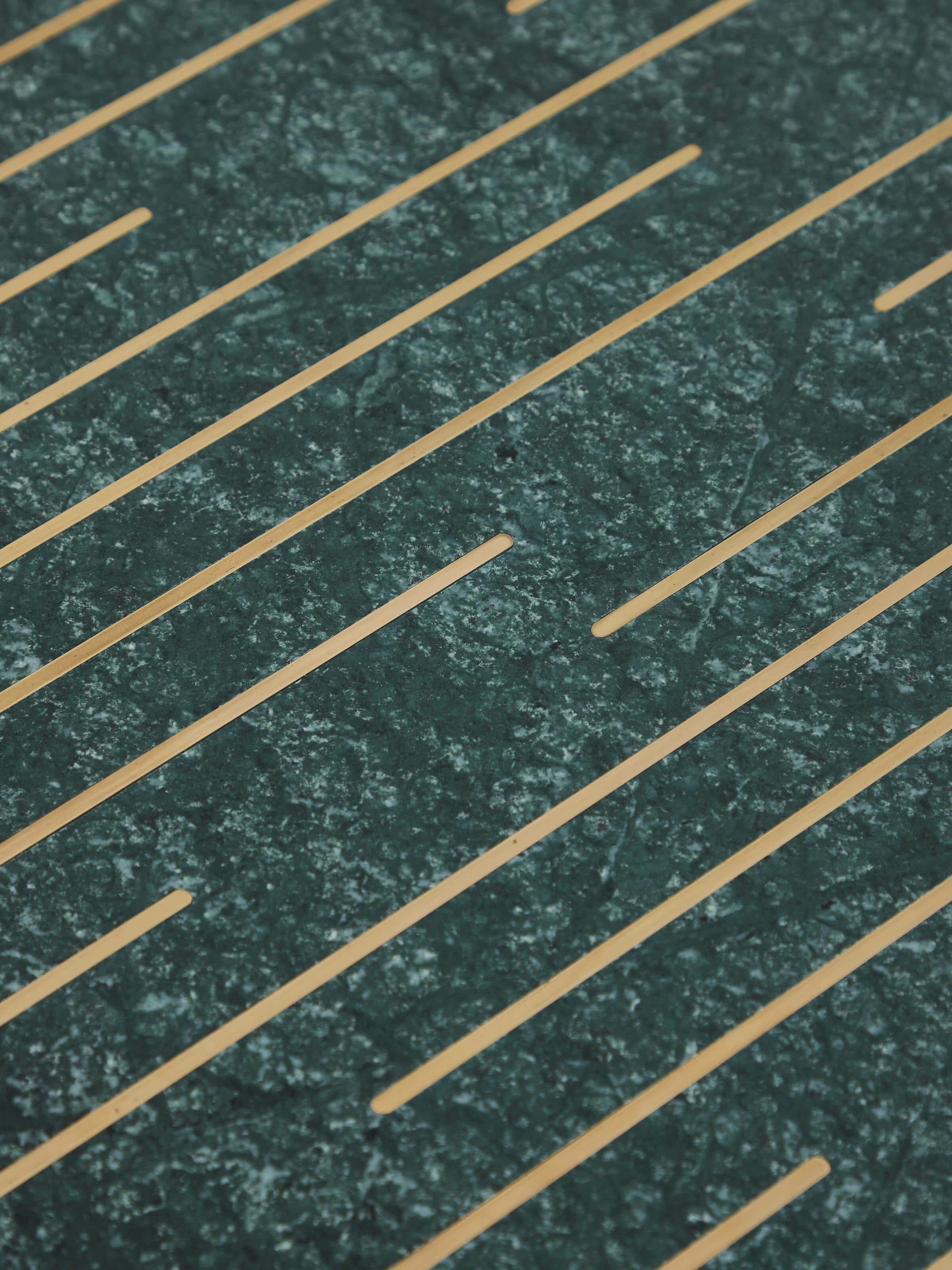 Side view of Brass Inlay Marble & Metal End & Side Table showcasing its sleek lines, marble top, and metal base design.