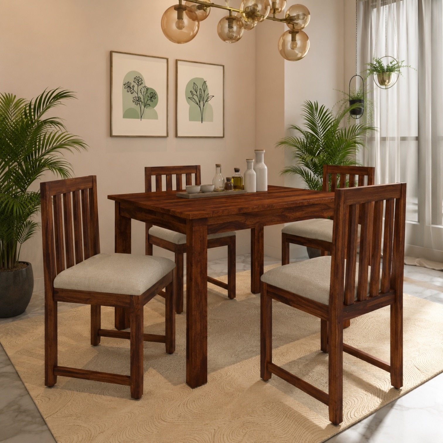 Aura 4 Seater Dining Set with Cushioned Chairs in Beige Colour - Interior Valley