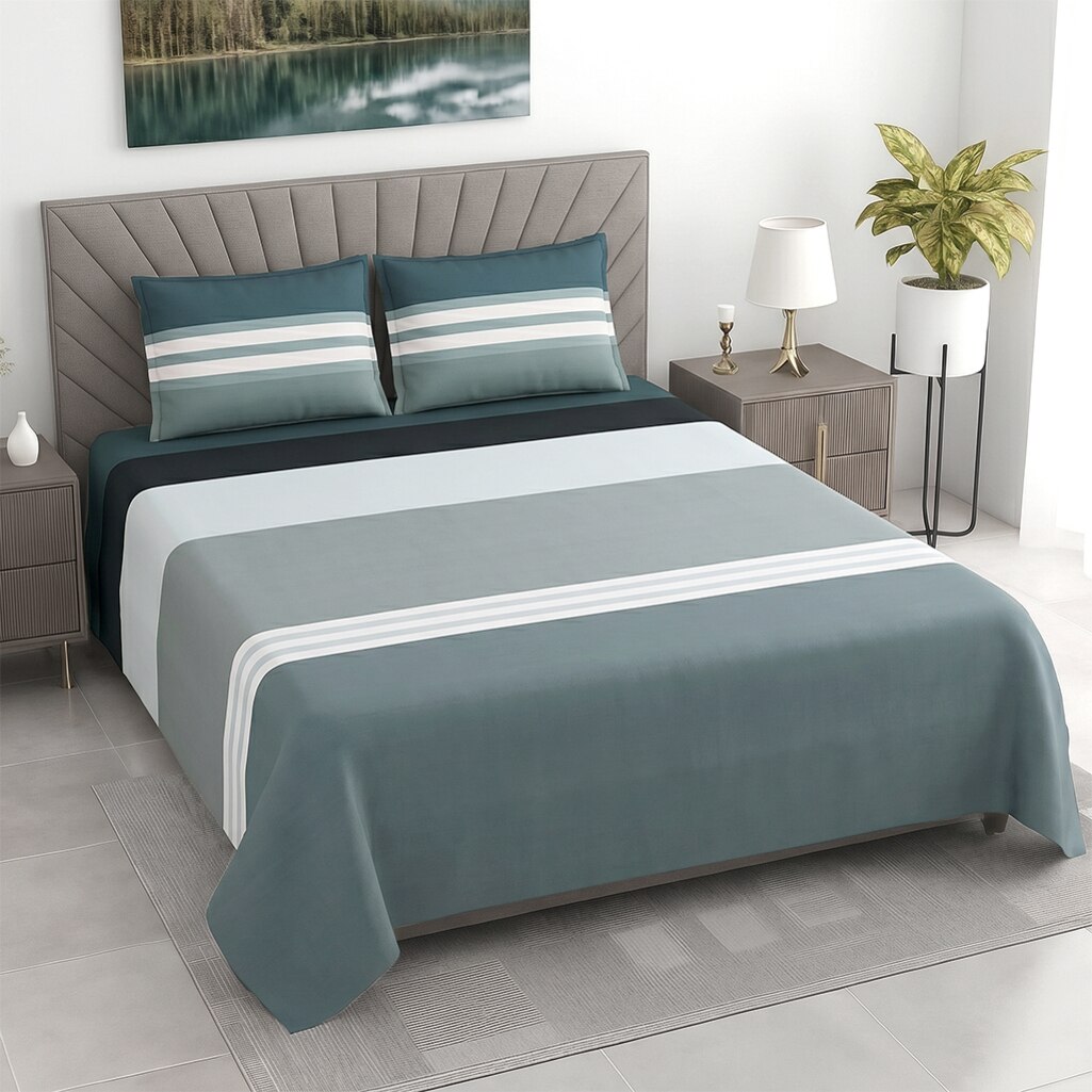 Multicolorstripes400 Tc Cotton Flat Super King Size Bedsheet With 2 Pillow Cover - Threads