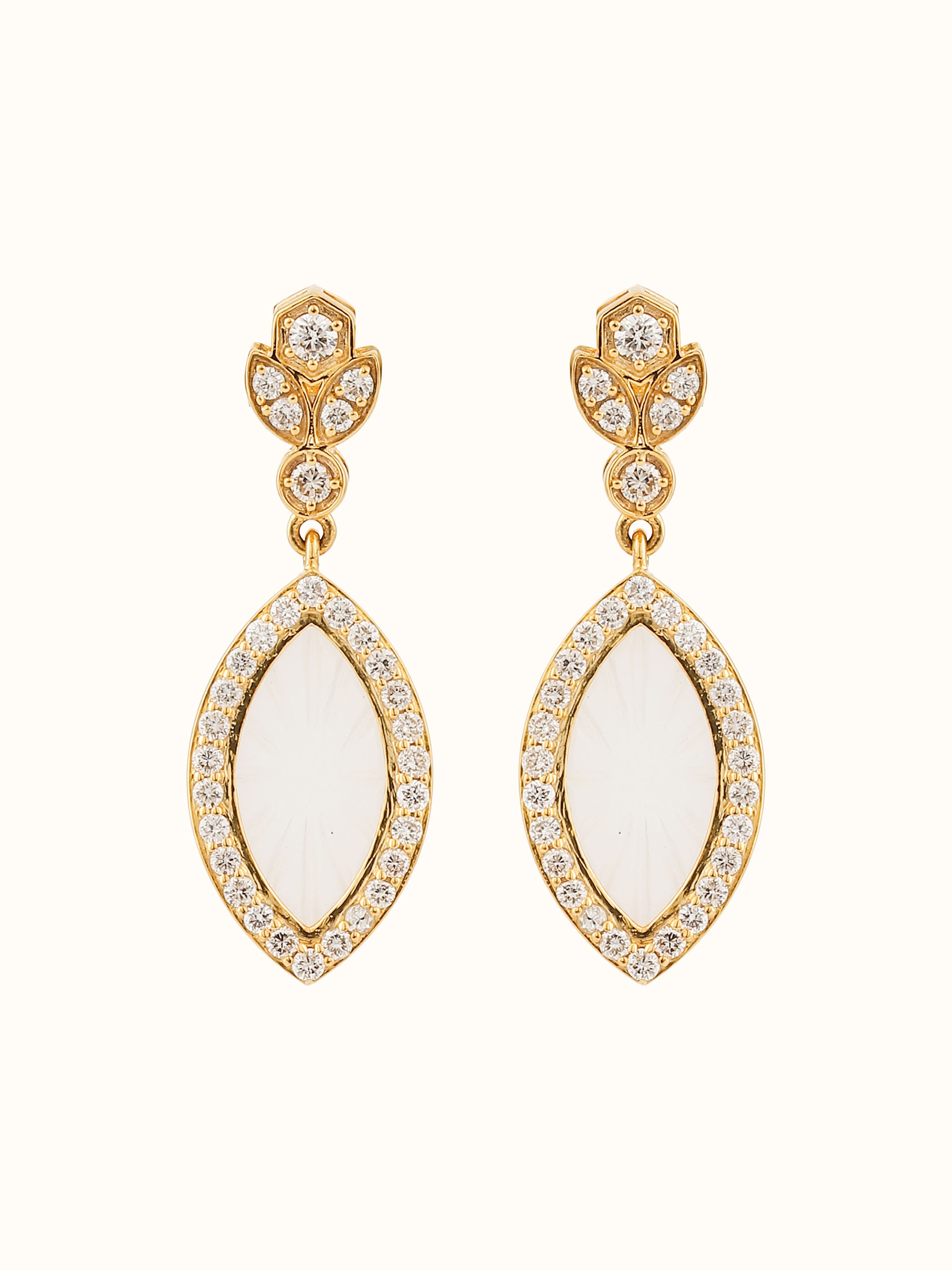 Front view of lapidary 14 karat gold drop earrings