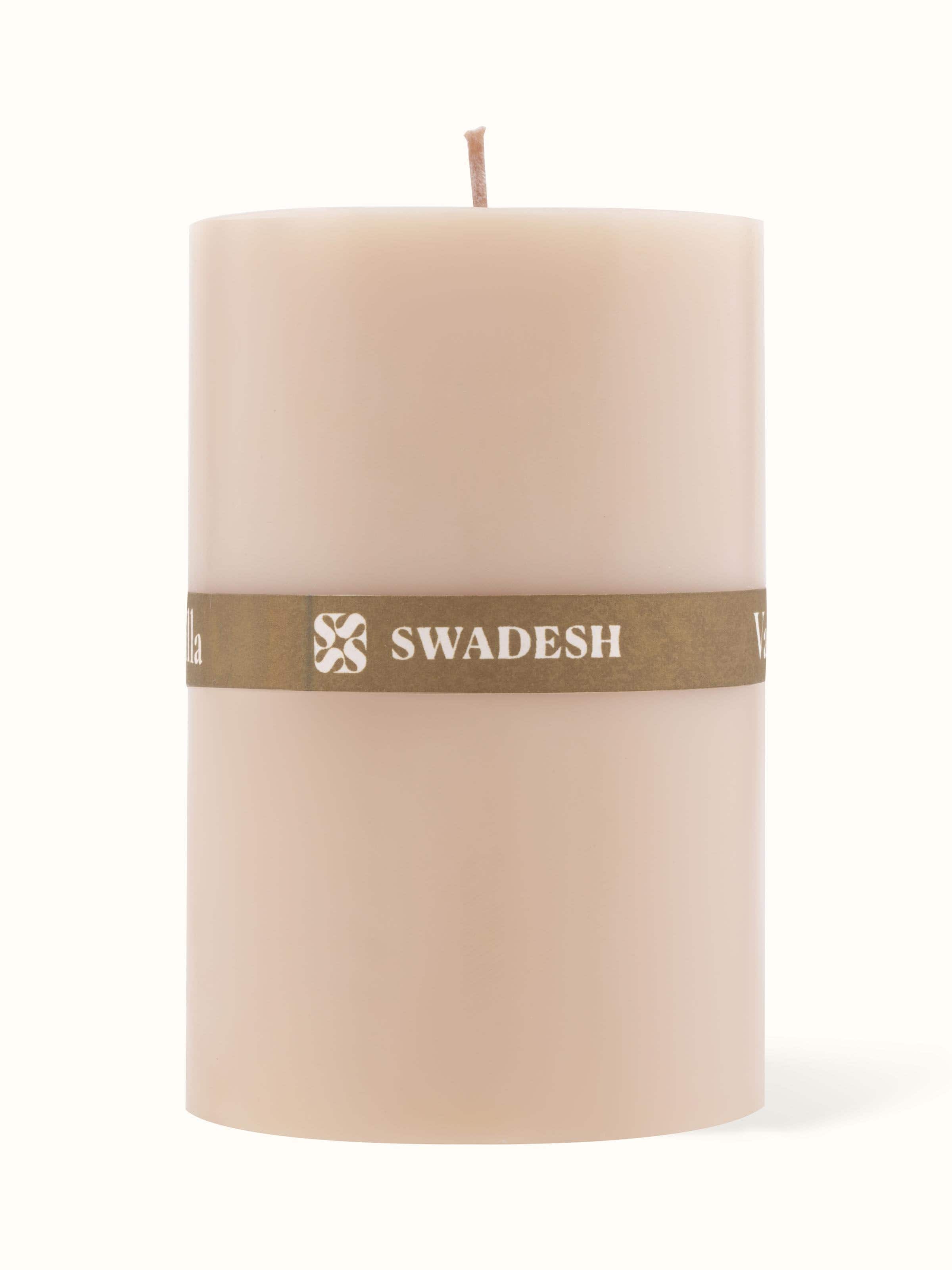 Front view of Vanilla Pillar Candle (4.5 inches) showcasing smooth wax surface