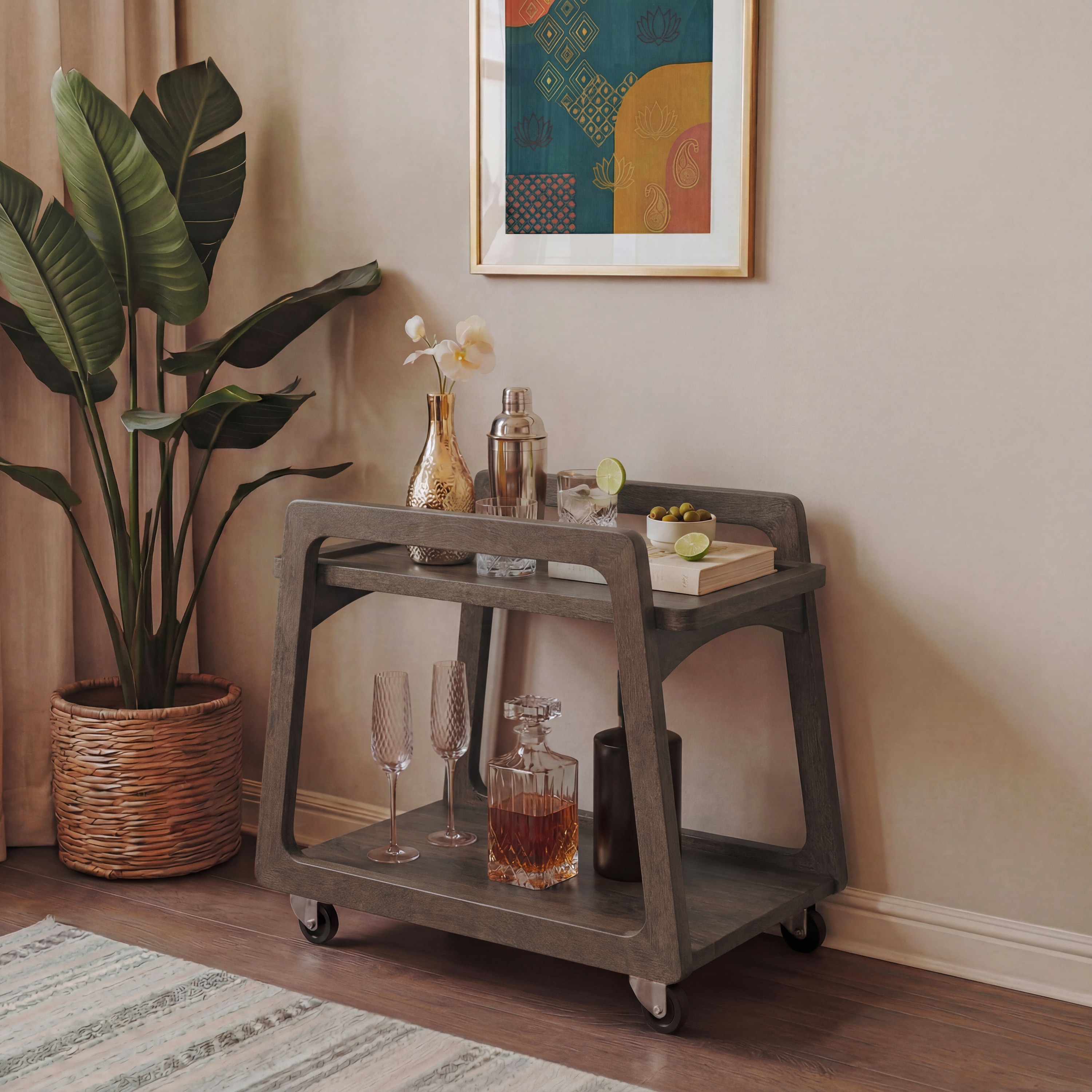 Clara Solid Wood Bar Trolley (Danish Walnut Finish)
