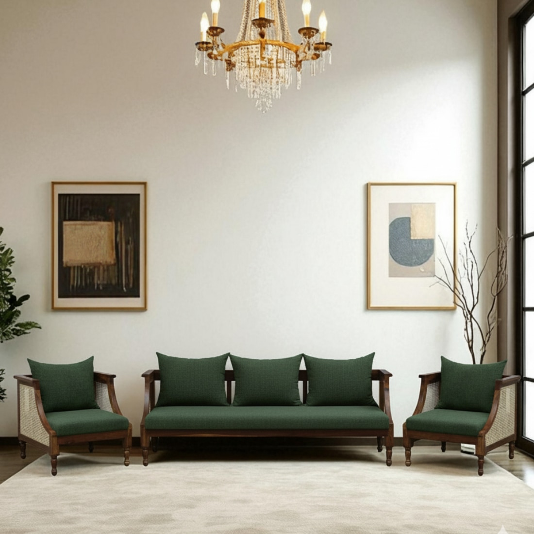 Linton 3+1+1 Seater Wooden Sofa in Green Fabric