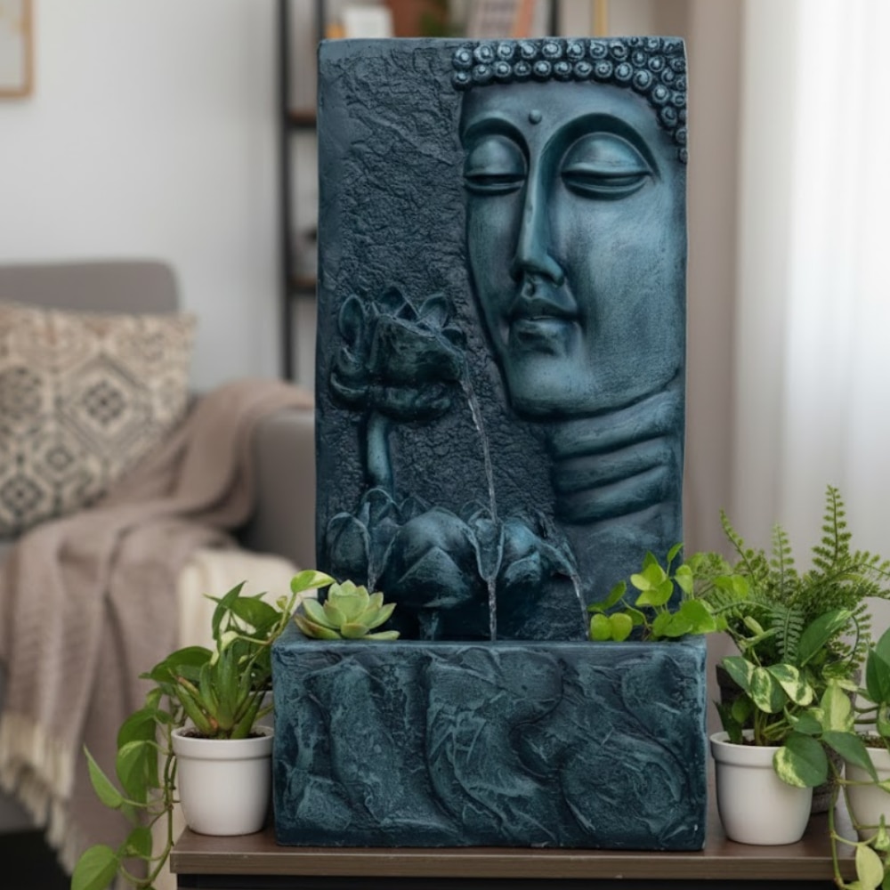 Dusty Grey Buddha Face Wall Water Fountain - Expleasia