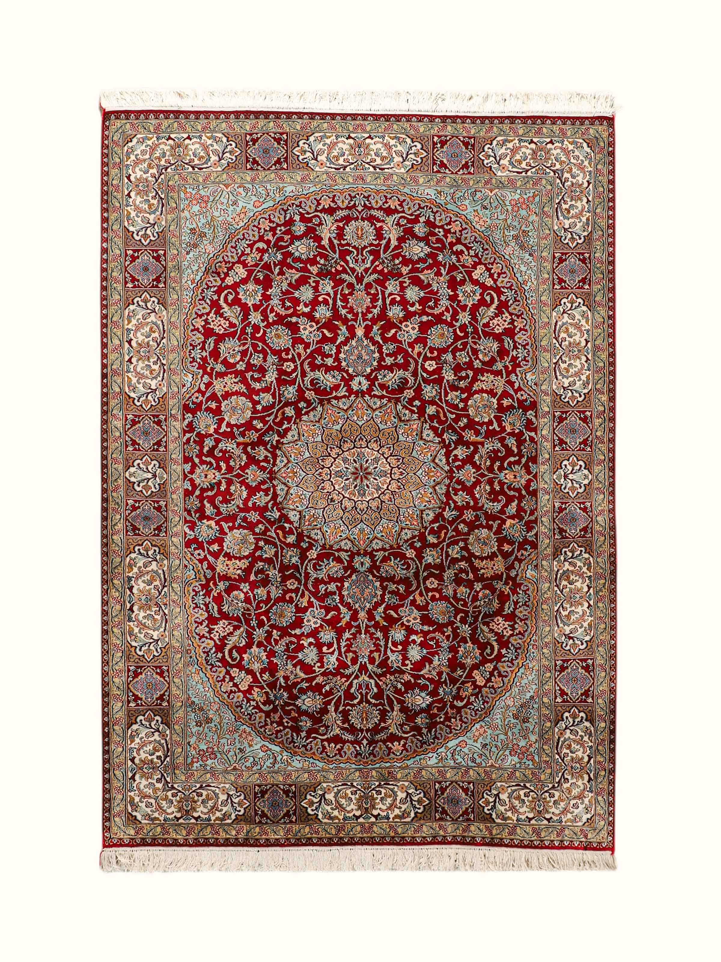 Traditional Persian Red Ivory Kerman Kashmir Silk Hand-Knotted Carpet