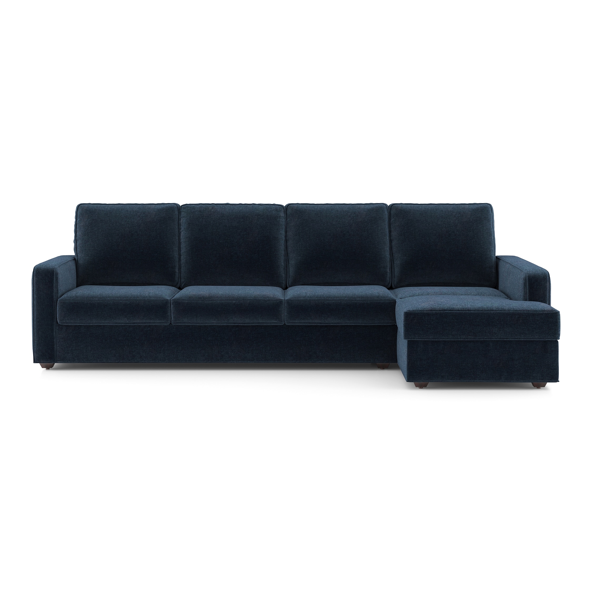 Apollo Sofa (Colour : Cobalt, Cushion : Hard, Back Type : High Back, Seating Capacity : Right Aligned 3 Seater + Right Aligned Chaise + Ottoman) - Urban Ladder