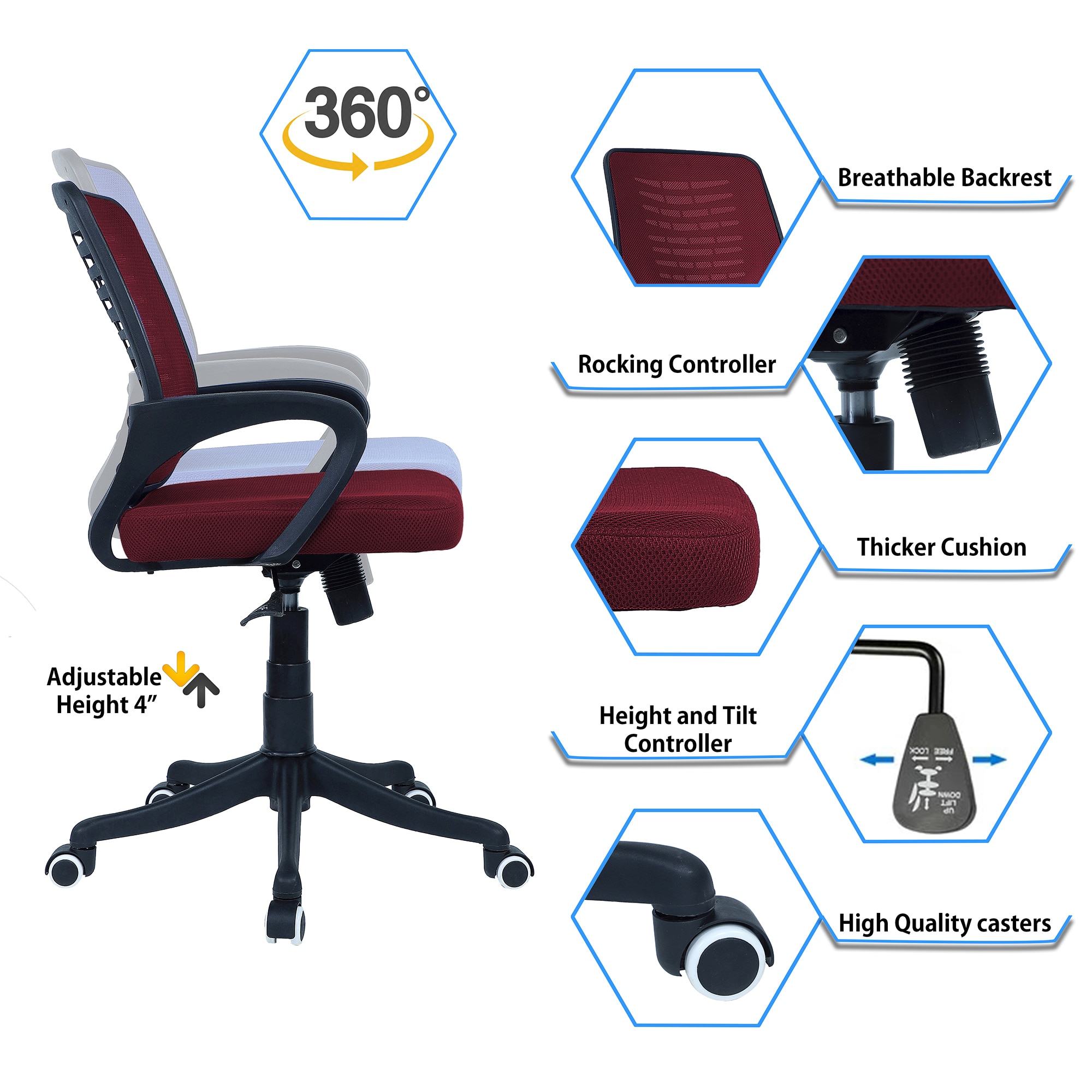 Diicea Mid Back Ergonomic Chair in Maroon Colour