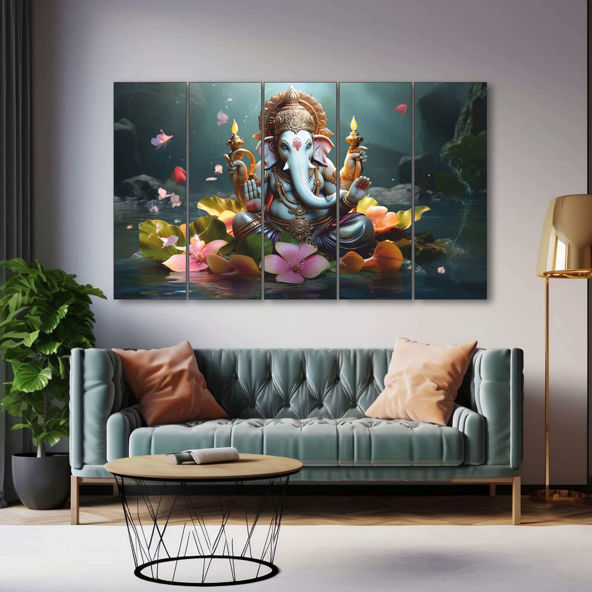 The Castle Decor Ganesha Ji Wall Art Set of 5 Digital Painting 27x48 Inch - The Castle Decor