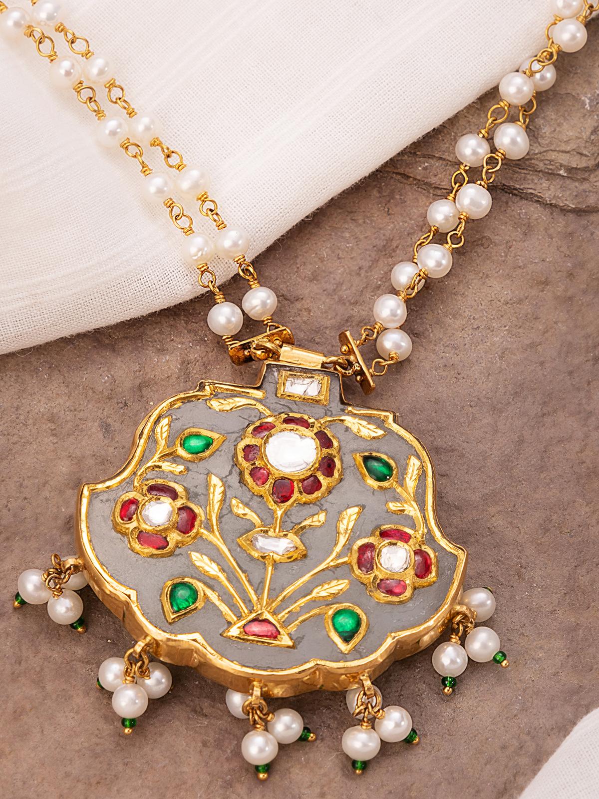 Side view of Stone Inlay 22 Karat Gold Collar Necklace by Swadesh showing the sparkling inlay stones and luxurious gold collar