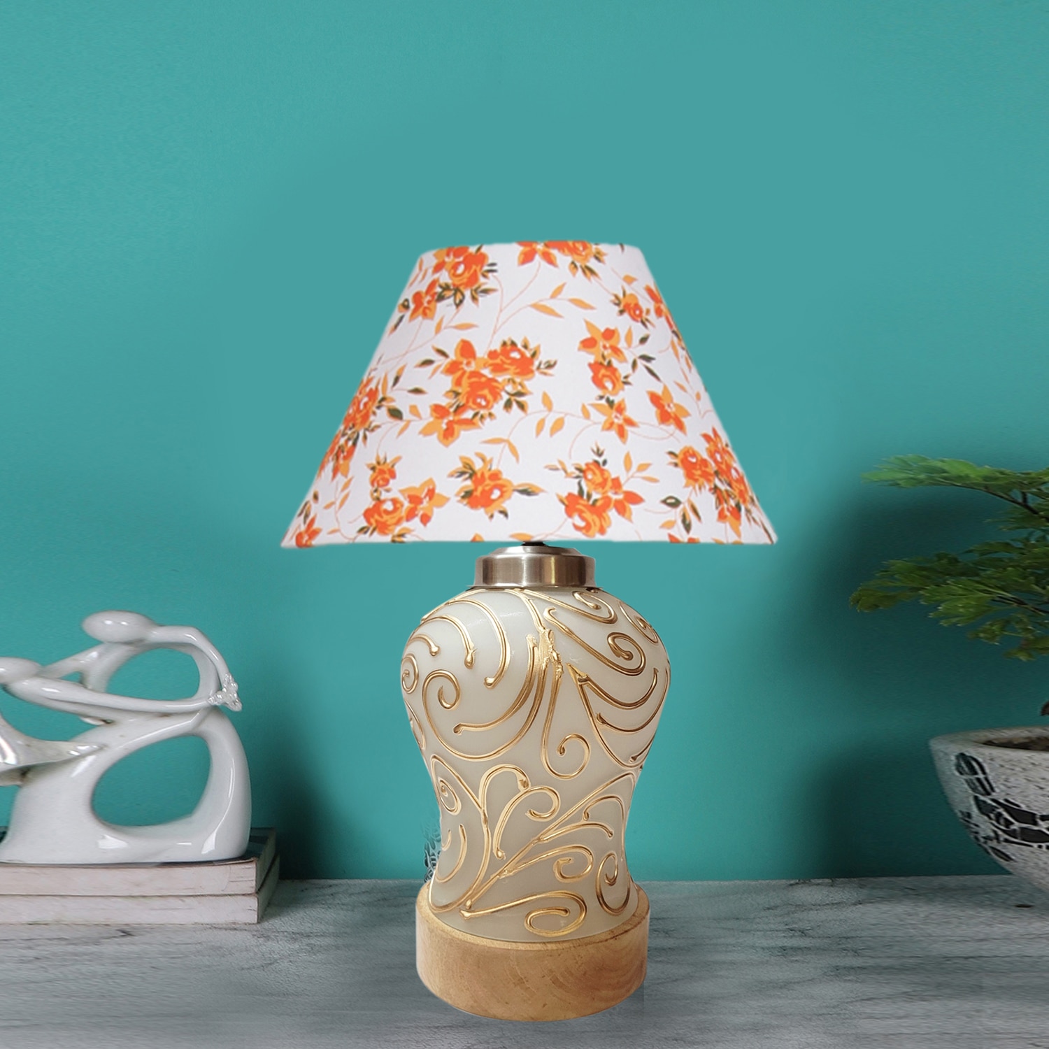 Devansh Conical Multicolor  Cotton Shade  Lamp With  Wood & Mosaicglass Base For Decoration /Office/Home/Gifting/Study For Decoration /Office/Home/Gifting/Study -(10X10X14.5) Inches - - Devansh