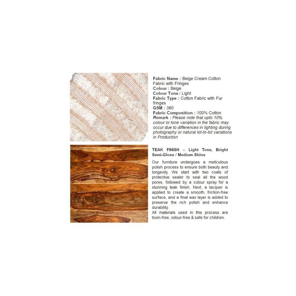 Louisville Acacia Wood Mid Century Round Pouf Stool in Beige Fabric