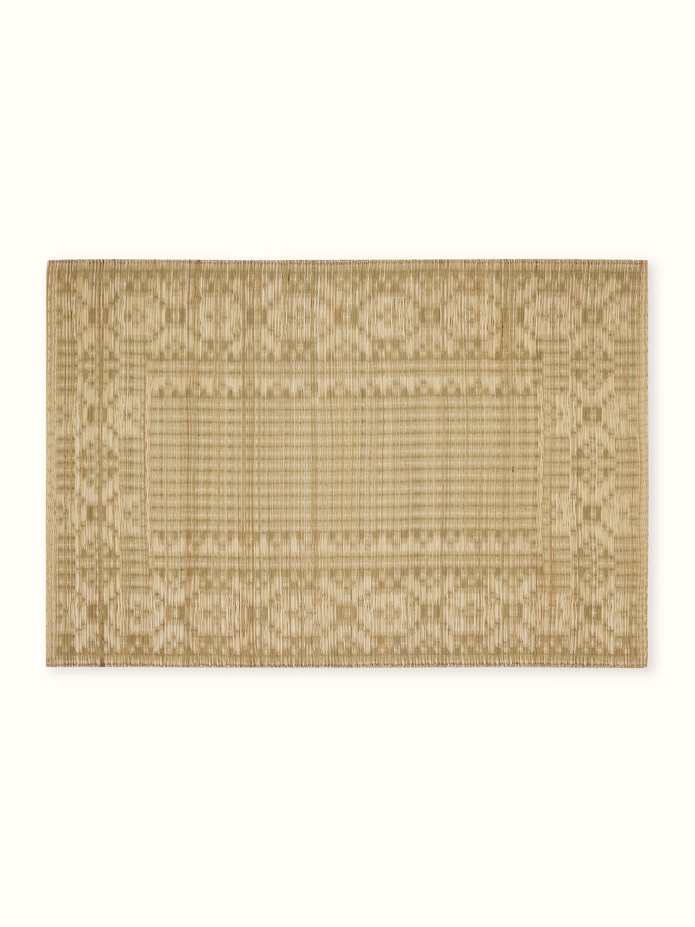 Full view of Prakriti Light Beige Madurkathi Table Mats set of 6, featuring folk geometric design on natural fibre weave.