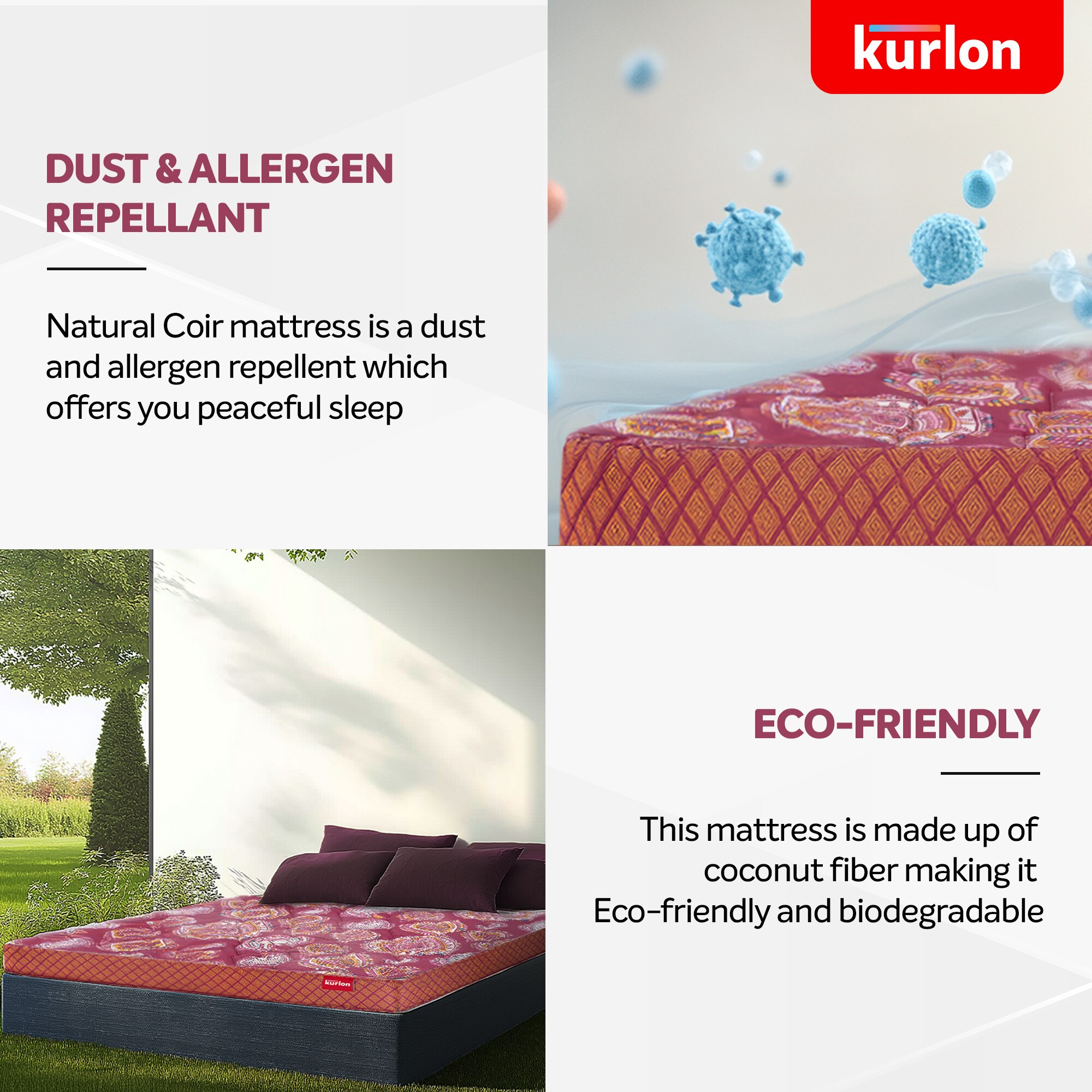 KURLON Natural Rubberized Coir, Medium Firm Support 5 inch Double Coir Mattress (L x W: 72 inch x 48 inch)