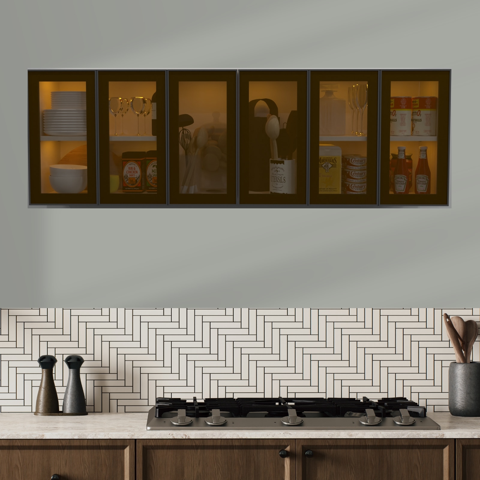Aluminium Black Profile 6 Brown Tinted Glass Handless Shutters Wall Cabinet In Highland Pine Finish - Speciality Panels