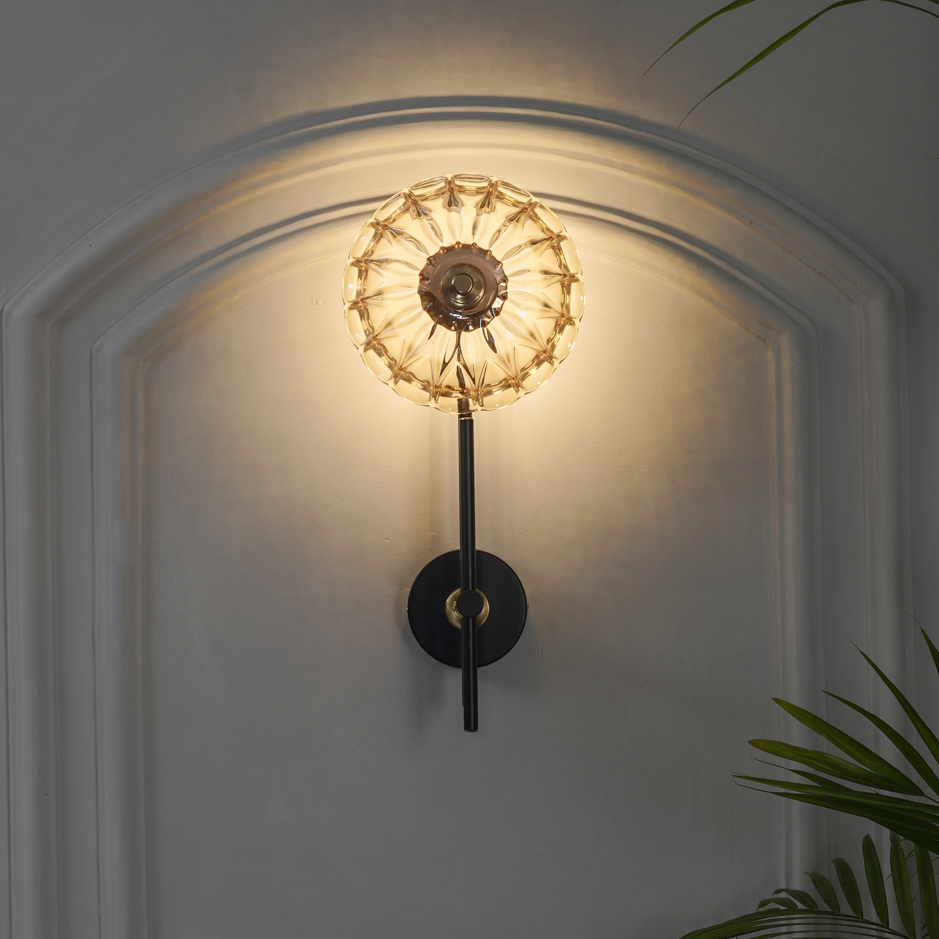 Equinoxe Single Light Wall Fitting In Black & Brass Finish With Amber Glass