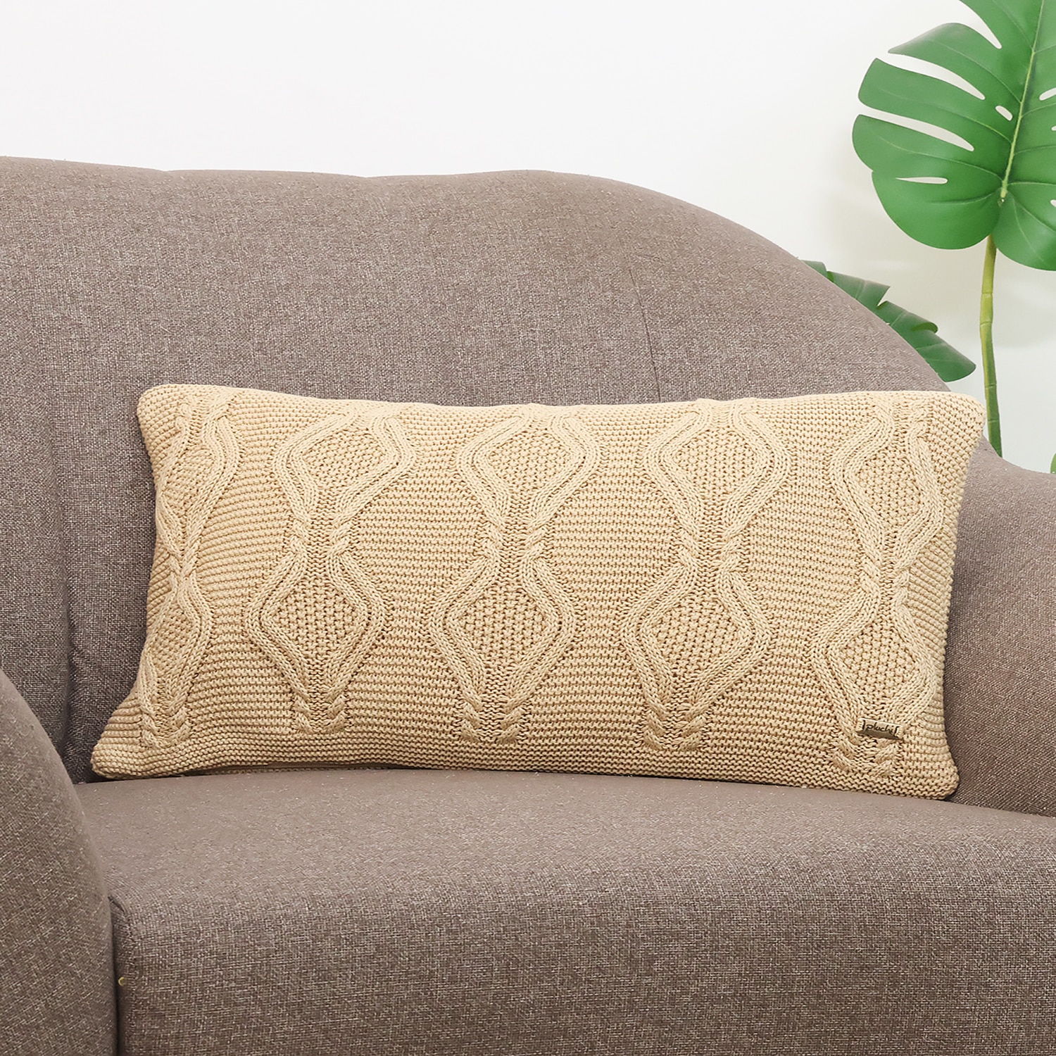 Nile Desert Sand Cotton Knitted Cushion Cover 12X20 Inches - Pluchi