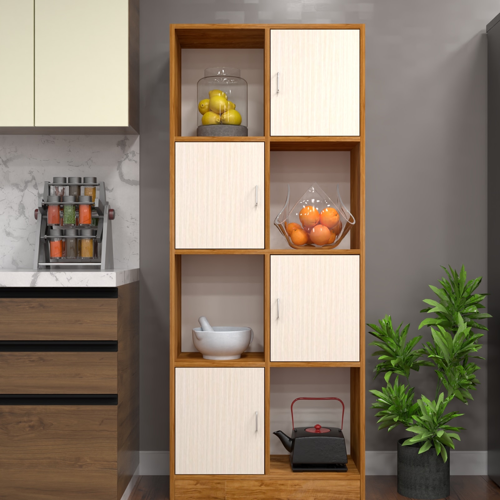 8 Shelves Semi Open Multipurpose Matrix Kitchen Cabinet In Highland Pine & Plateau Apple Finish - Speciality Panels