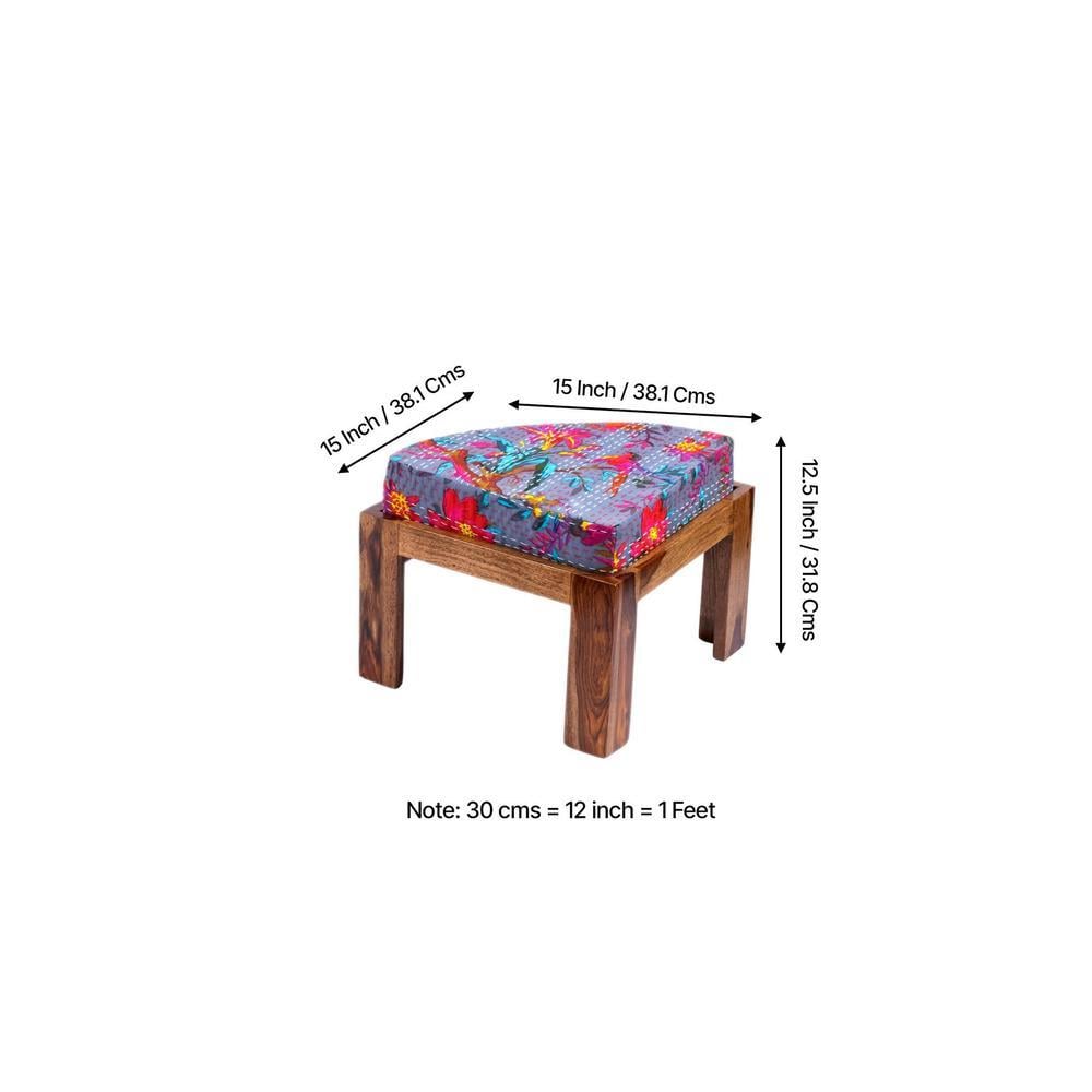 Nashville Sheesham Wood 4 Seater Coffee Table Set In Teak Finish Bird Print Grey Kantha Cushion