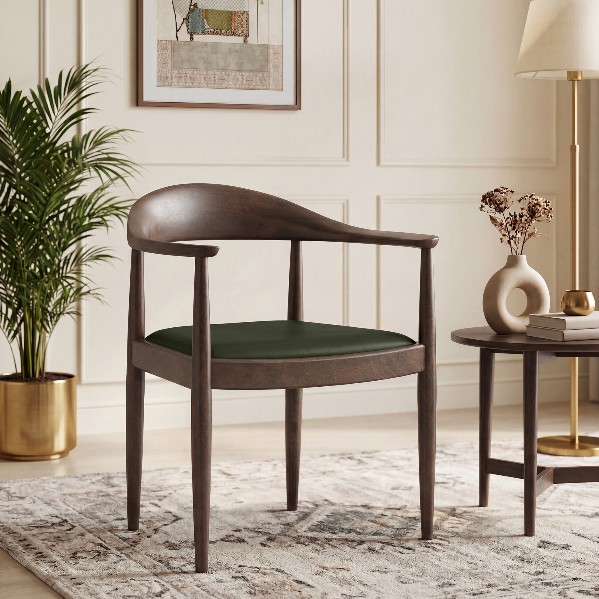 Dara Solid Wood Dining Chair in Danish Walnut Finish & Olive Leatherette Colour