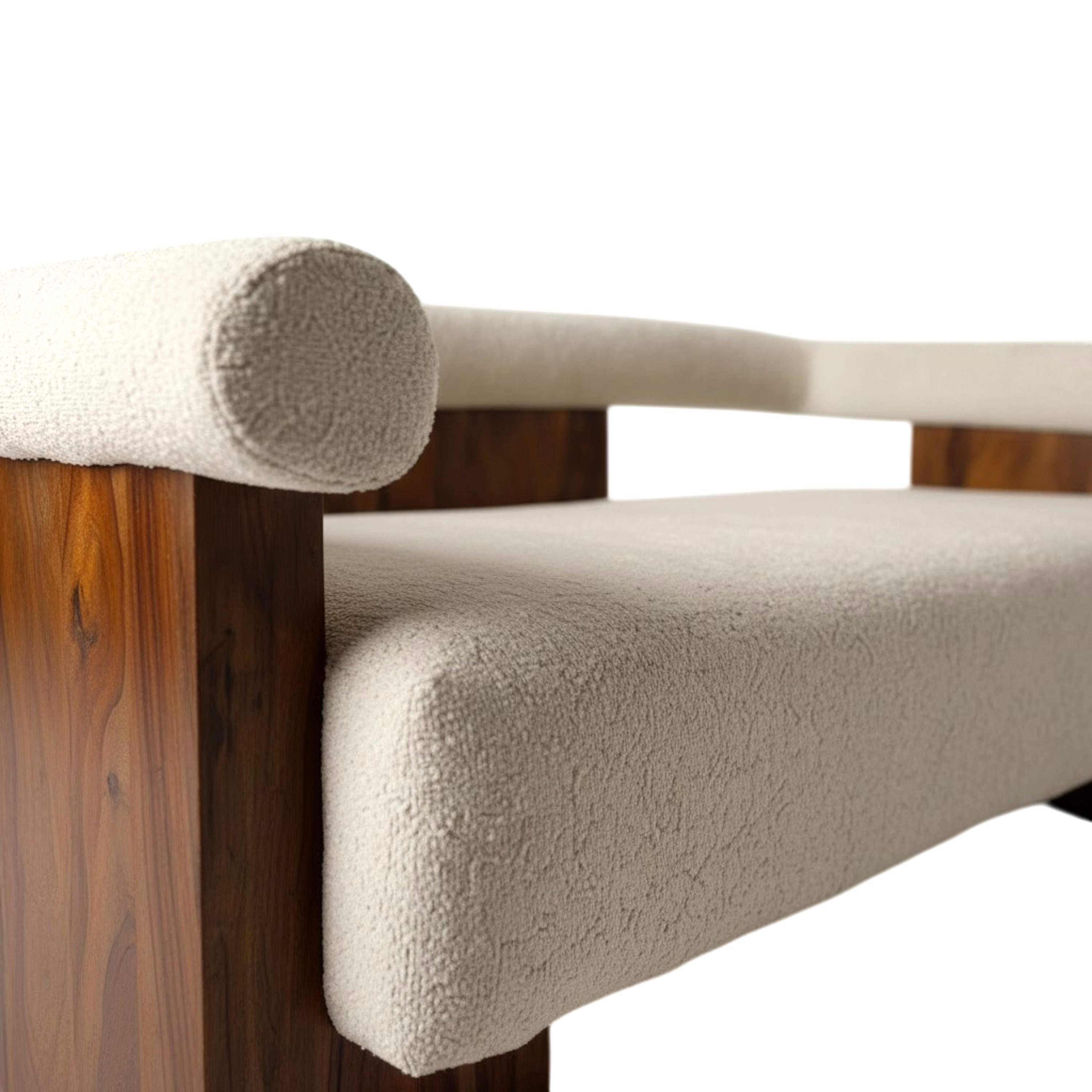 Westfield Sheesham Wood Mid Century 3 Seater Sofa (Off White Soft Boucle Fabric In Teak Finish)