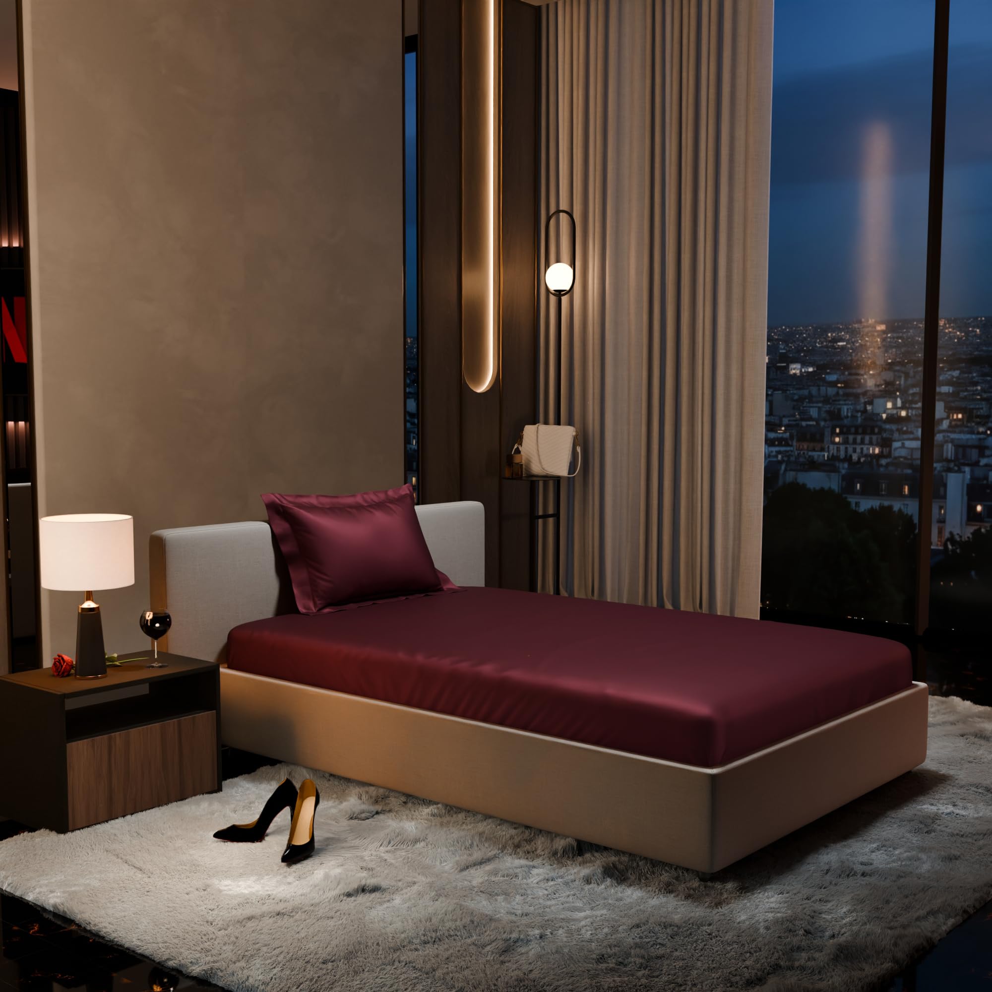 Stoa Paris 300TC UltrSatin Single Bedsheet Set Satin Single Velvet Wine - Stoa Paris