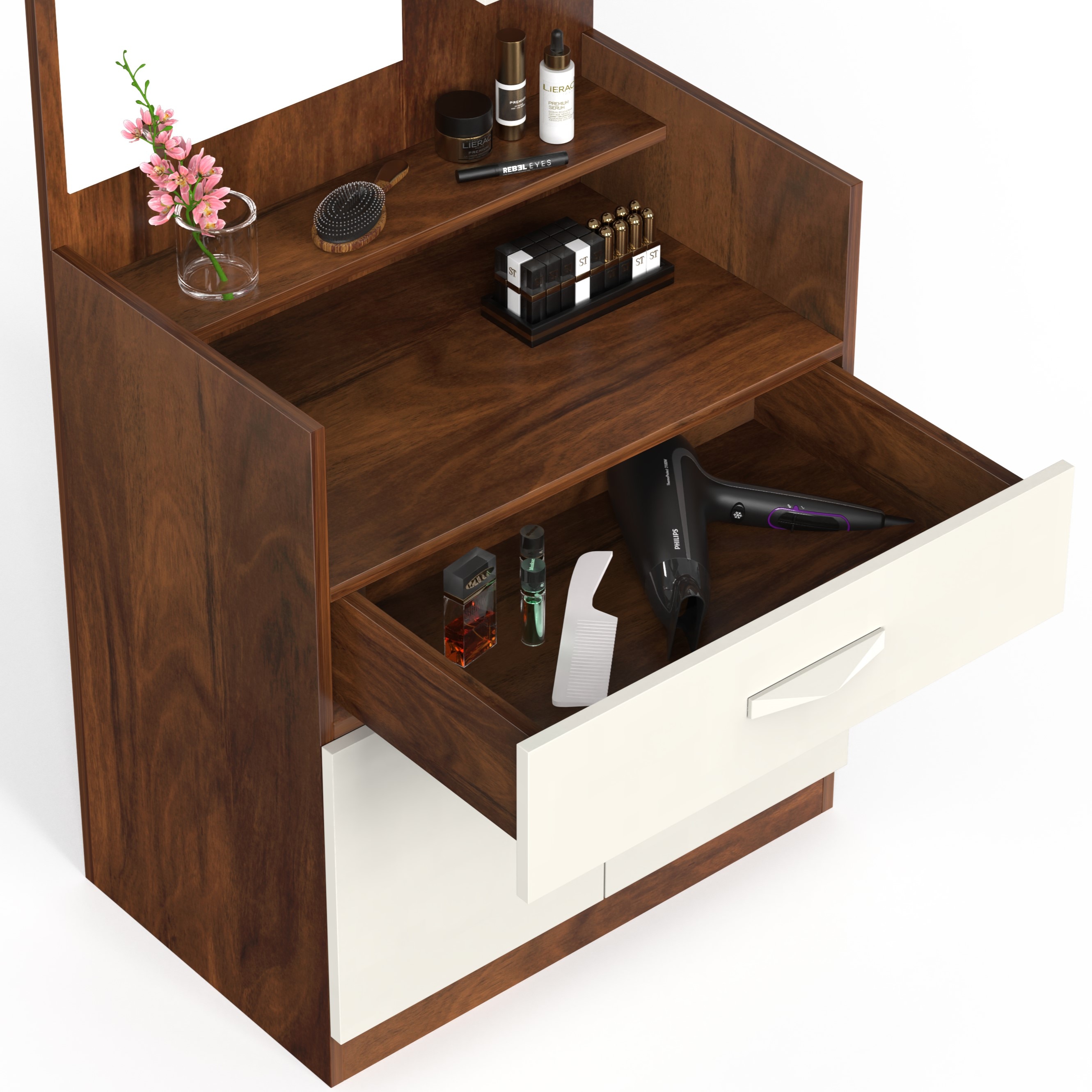 BLUEWUD Darci Engineered Wood Wall Mount/Floor Standing Dressing Table Organizer Makeup Vanity with Mirror Storage Shelves, Bangle Holder & Hooks for Bedroom Home Furniture (Brown Maple & White)