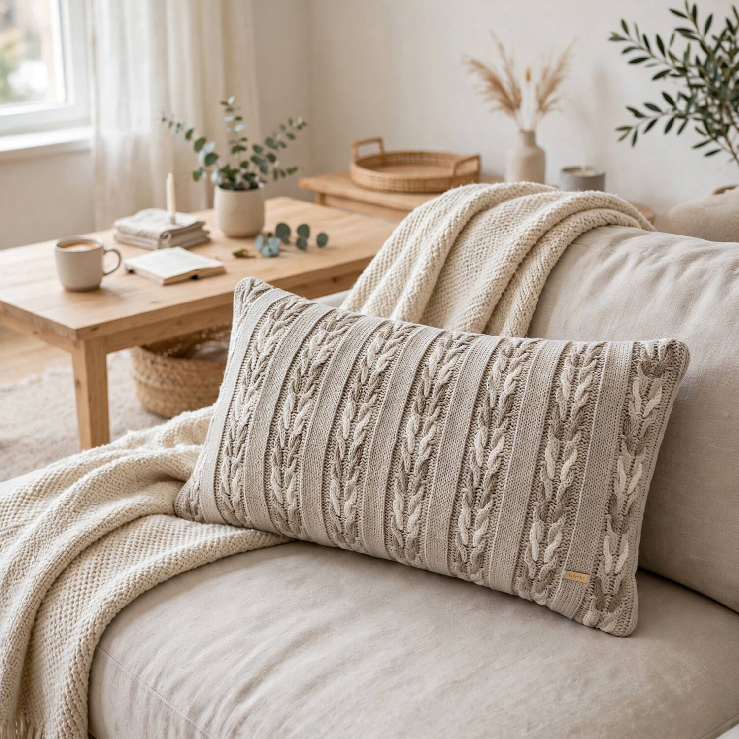 Margot Stone Cotton Knitted Decorative Cushion Cover 12 x 20 Inches - Pluchi