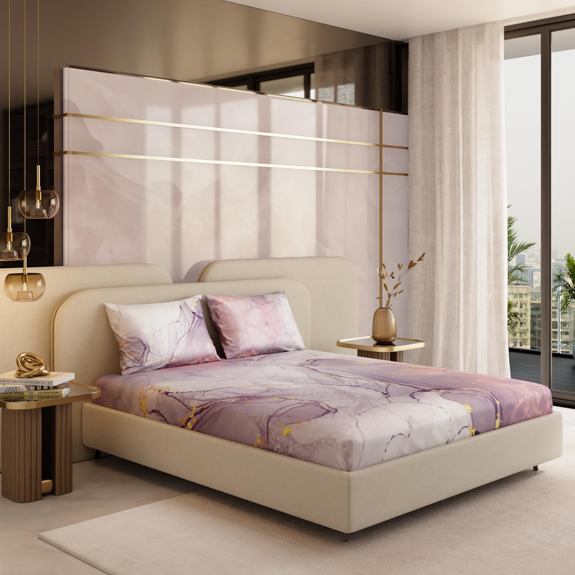 Stoa Paris 300TC UltrSatin King Bedsheet Set Satin King Lavender, Peach Gold - Stoa Paris