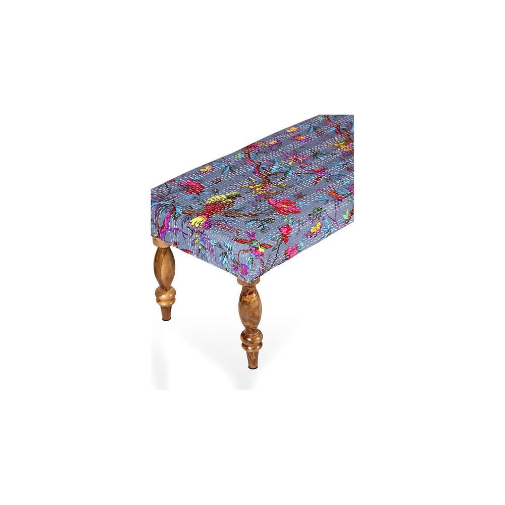 Cairo Solid Wood 2 Seater Bench In Bird Print Grey Kantha Fabric
